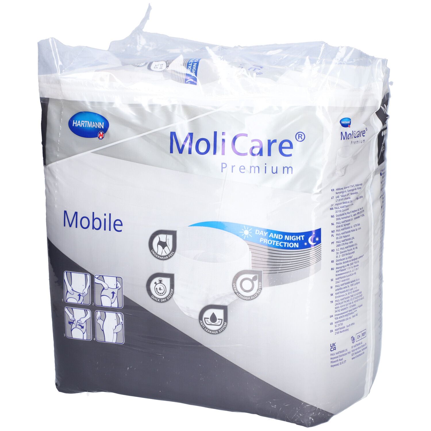 Verpackung MoliCare Premium Mobile, XL, 14 Stück. Tag- und Nachtschutz. Illustrationen zur Anwendung.