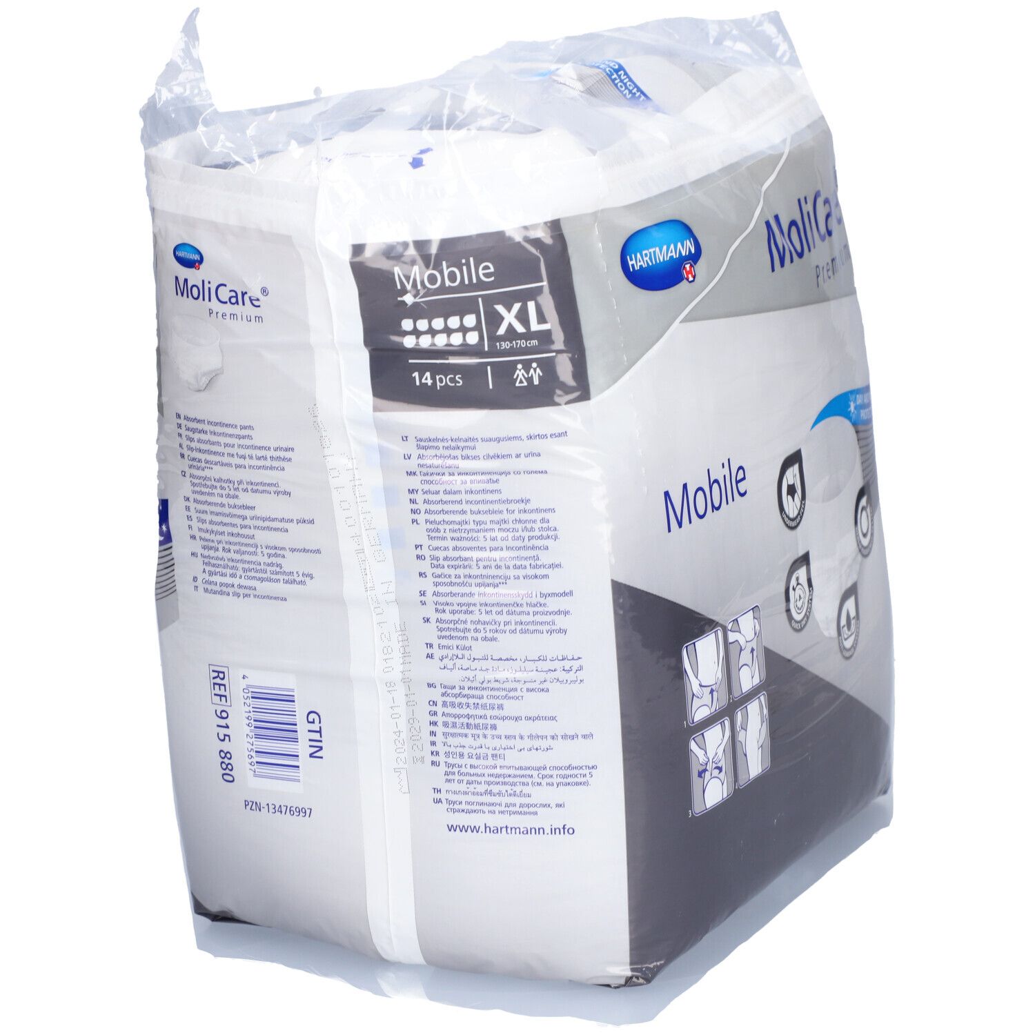 Verpackung MoliCare Premium Mobile, XL, 14 Stück. Tag- und Nachtschutz. Produktinformationen auf der Rückseite.