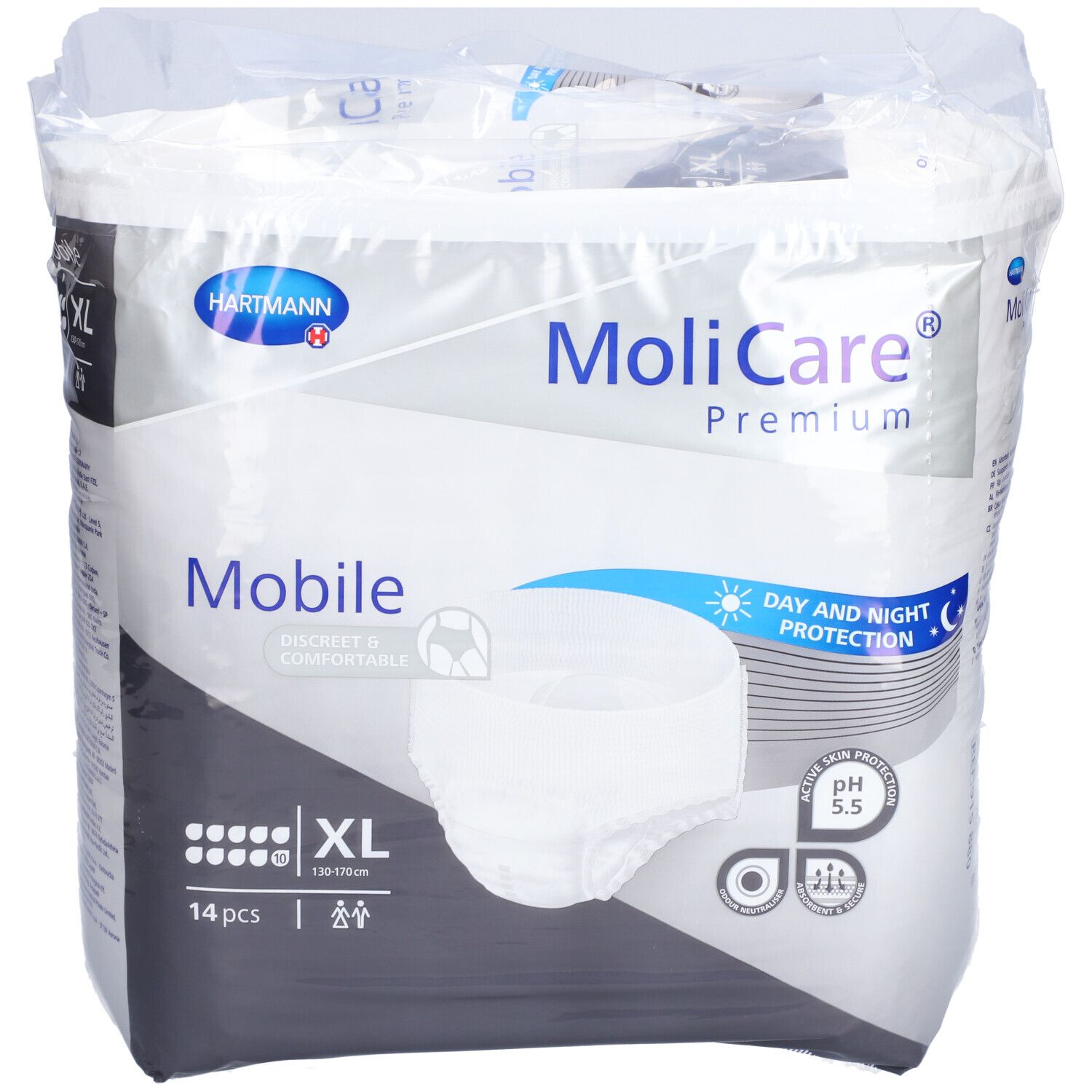 Verpackung MoliCare Premium Mobile, XL, 14 Stück. Tag- und Nachtschutz. Diskret & komfortabel. pH 5,5.