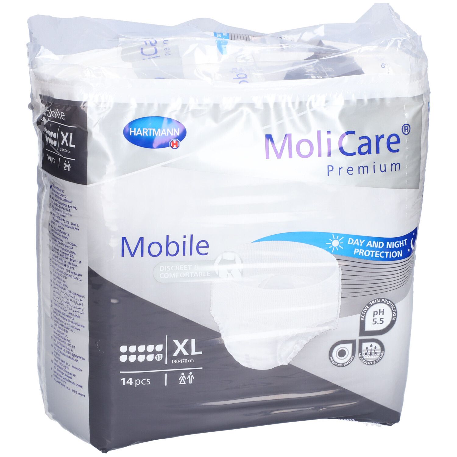Verpackung MoliCare Premium Mobile, XL, 14 Stück. Tag- und Nachtschutz. Diskret & komfortabel. pH 5,5.