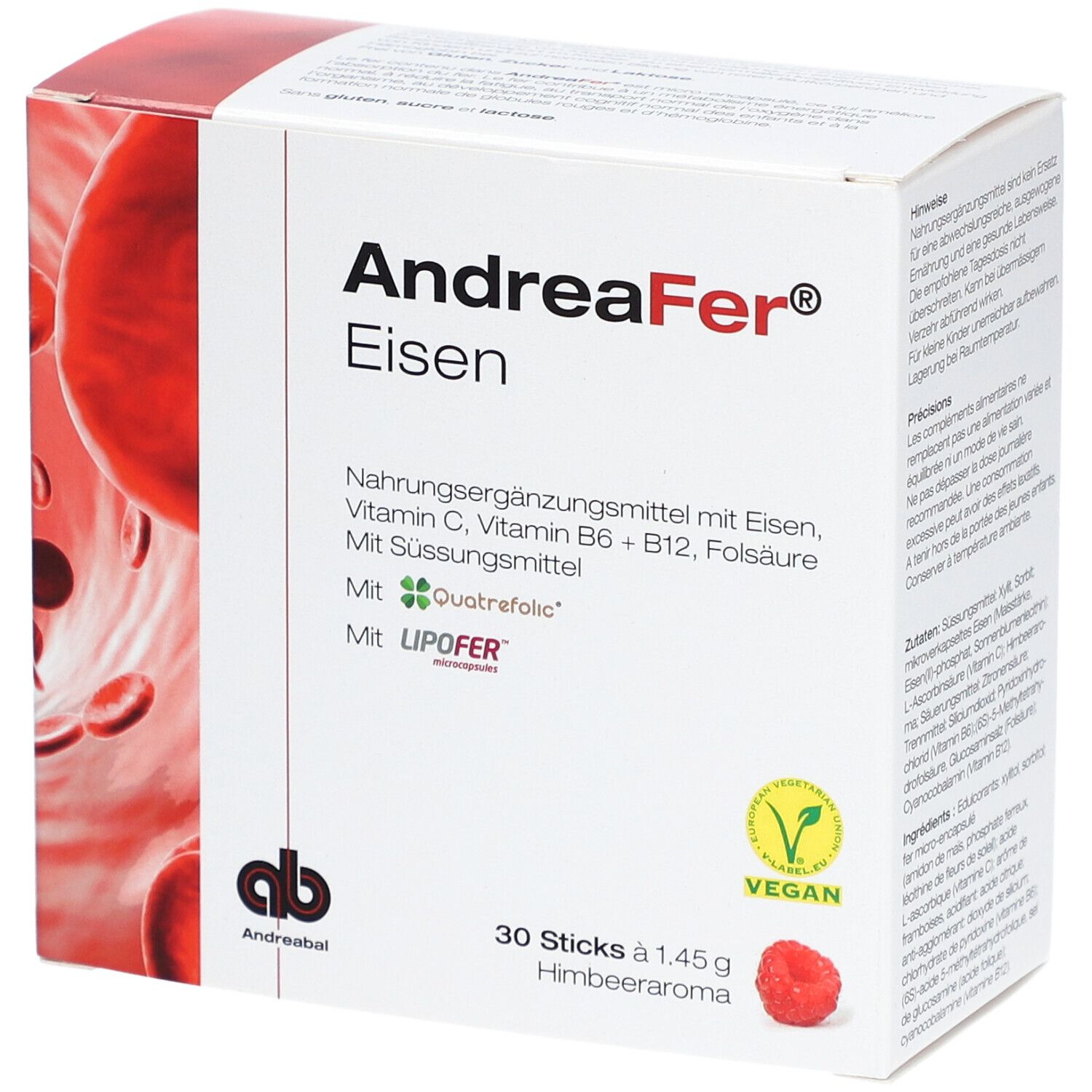 Weißer Karton mit "AndreaFer® Eisen". Enthält 30 Sticks Himbeeraroma. Vegan-Siegel.