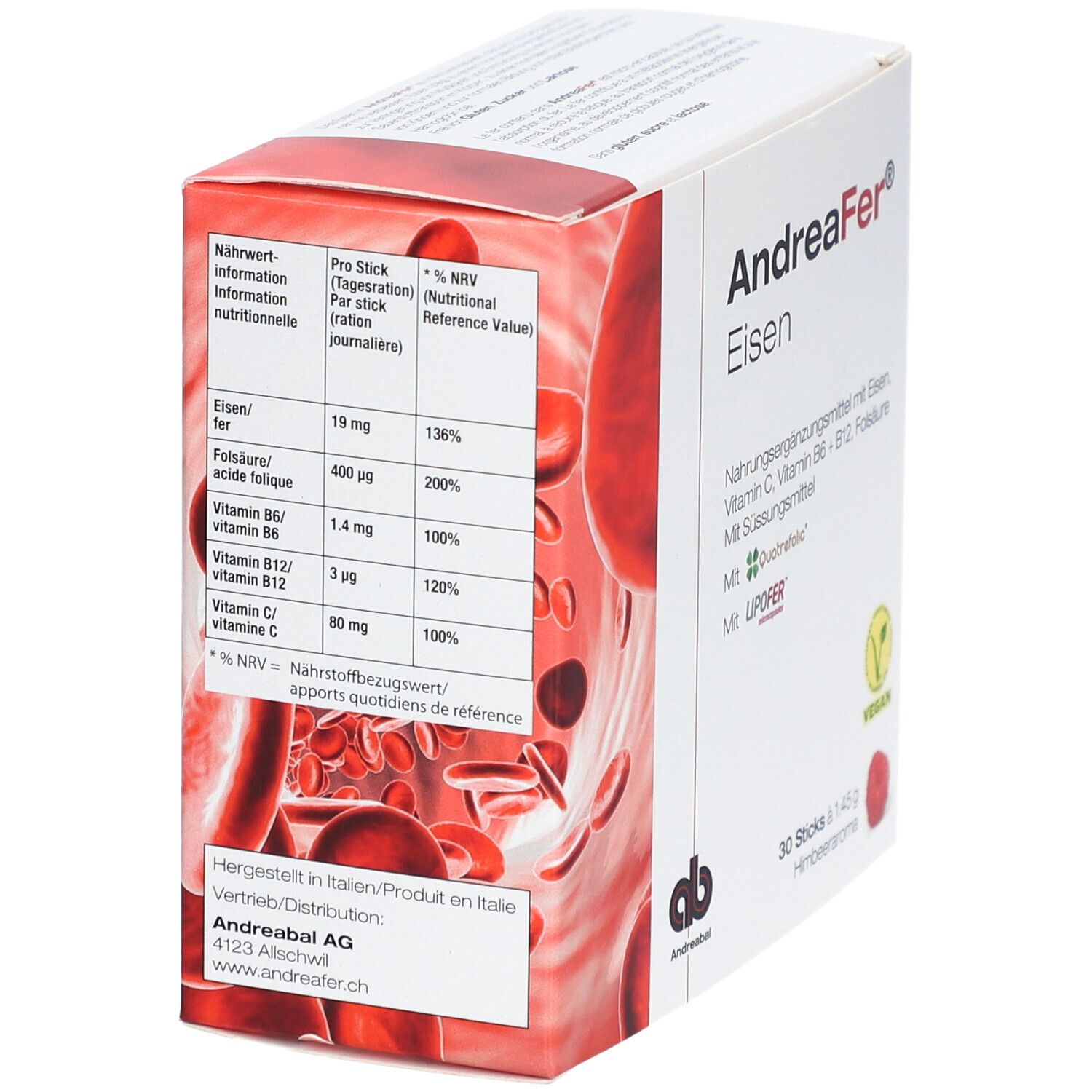 Karton mit Nährwerttabelle für "AndreaFer® Eisen". Enthält Eisen, Folsäure, Vitamine. Vegan-Siegel.
