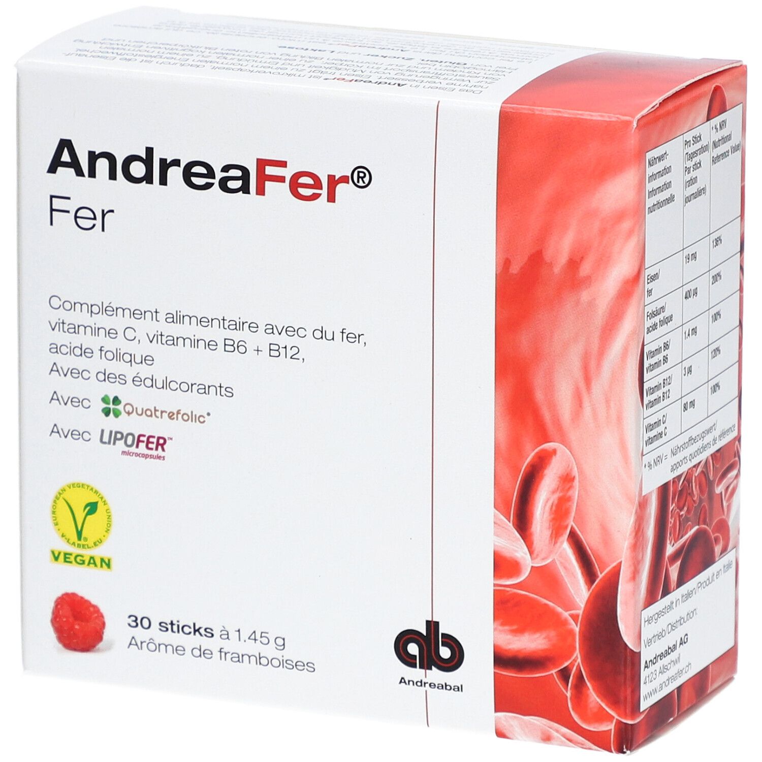 Karton "AndreaFer® Fer" mit Inhaltsstoffen. Enthält 30 Sticks, Himbeeraroma. Vegan-Siegel.