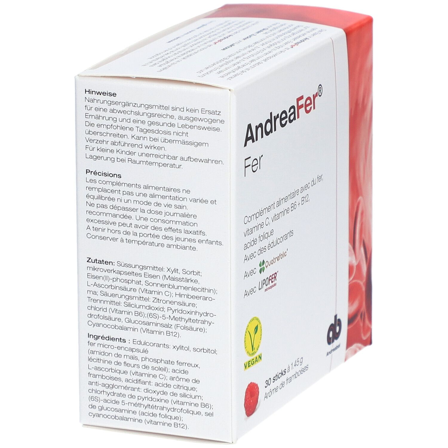 Karton "AndreaFer® Fer" mit Inhaltsstoffen und Warnhinweisen. 30 Sticks, Himbeeraroma. Vegan-Siegel.