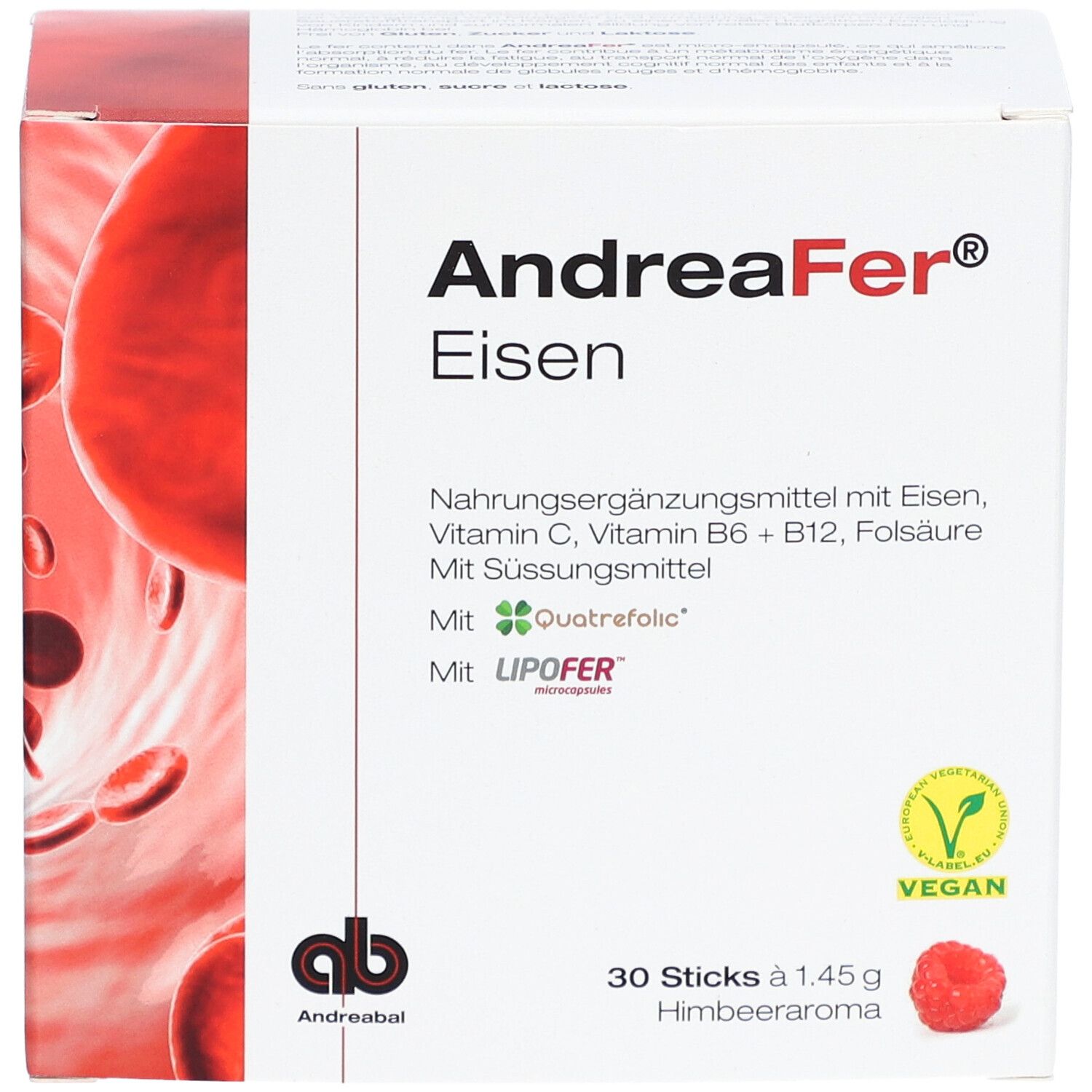 Weißer Karton "AndreaFer® Eisen" mit Inhaltsstoffen. 30 Sticks, Himbeeraroma. Vegan-Siegel.