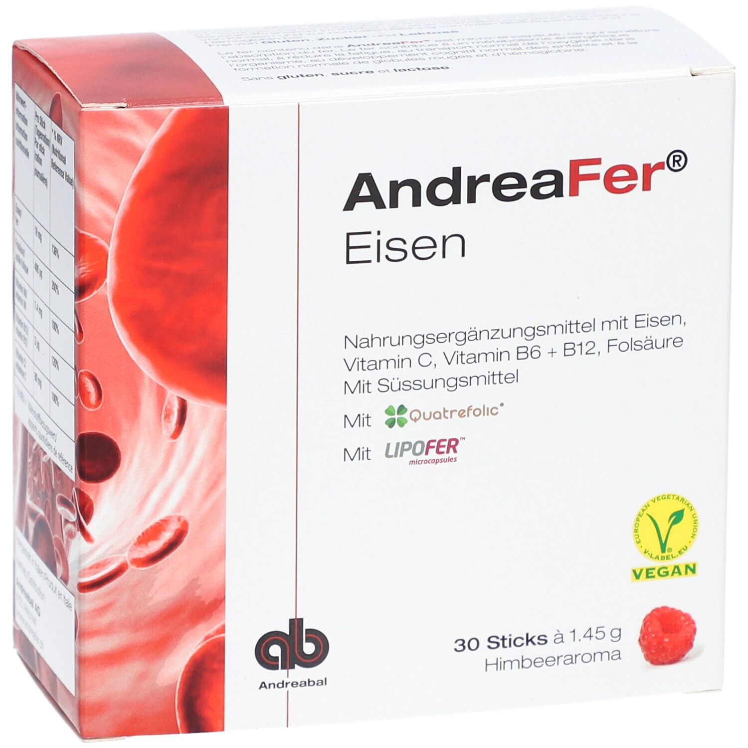 Weißer Karton "AndreaFer® Eisen". Enthält 30 Sticks Himbeeraroma. Vegan-Siegel.