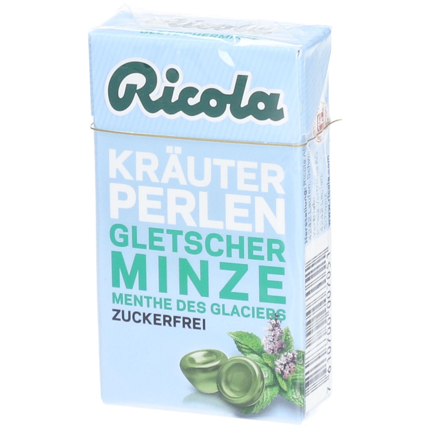Hellblaue Schachtel mit "Ricola"-Logo und Produktbezeichnung "Gletscher Minze". Abbildung von Bonbons und Minze.