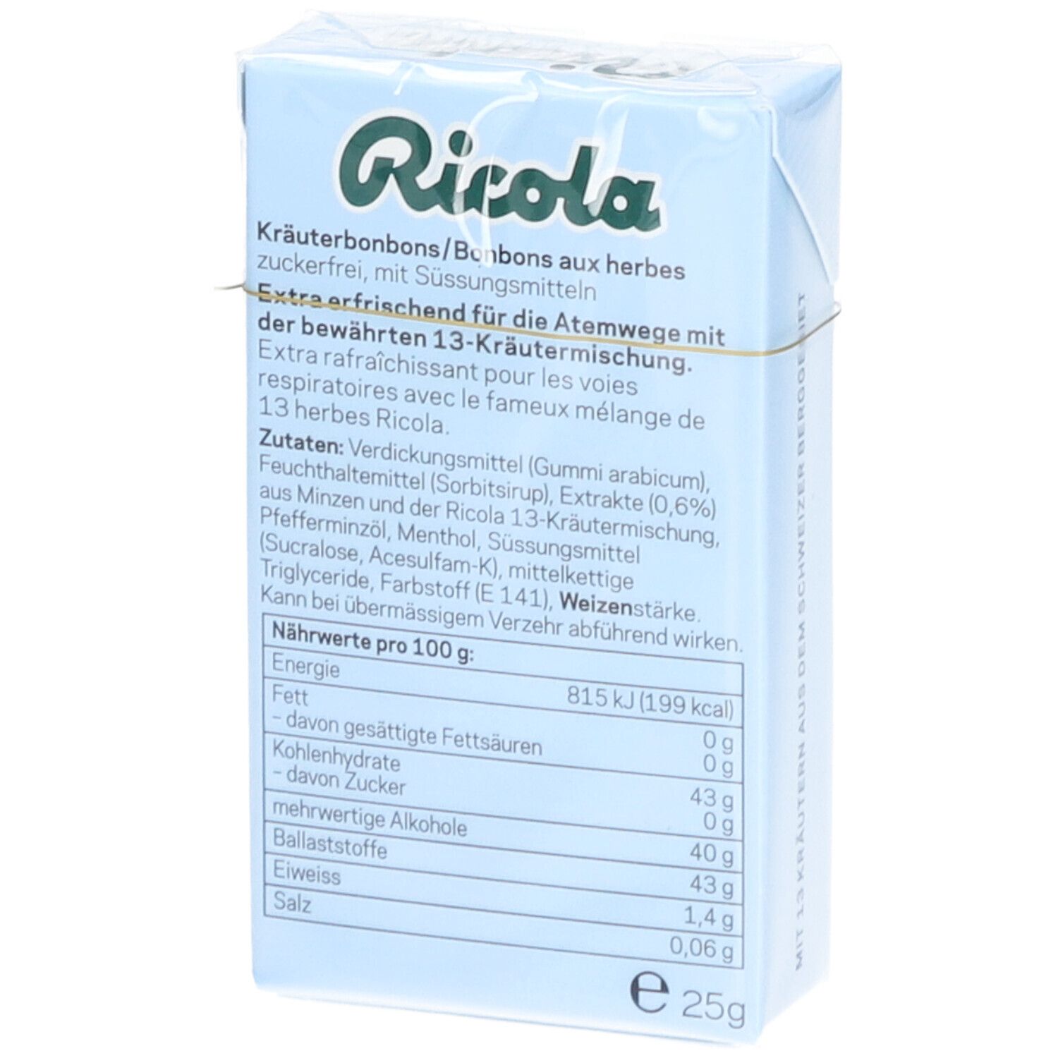 Rückseite der hellblauen Schachtel. Text mit Inhaltsstoffen und Nährwertangaben. "Ricola"-Logo oben.