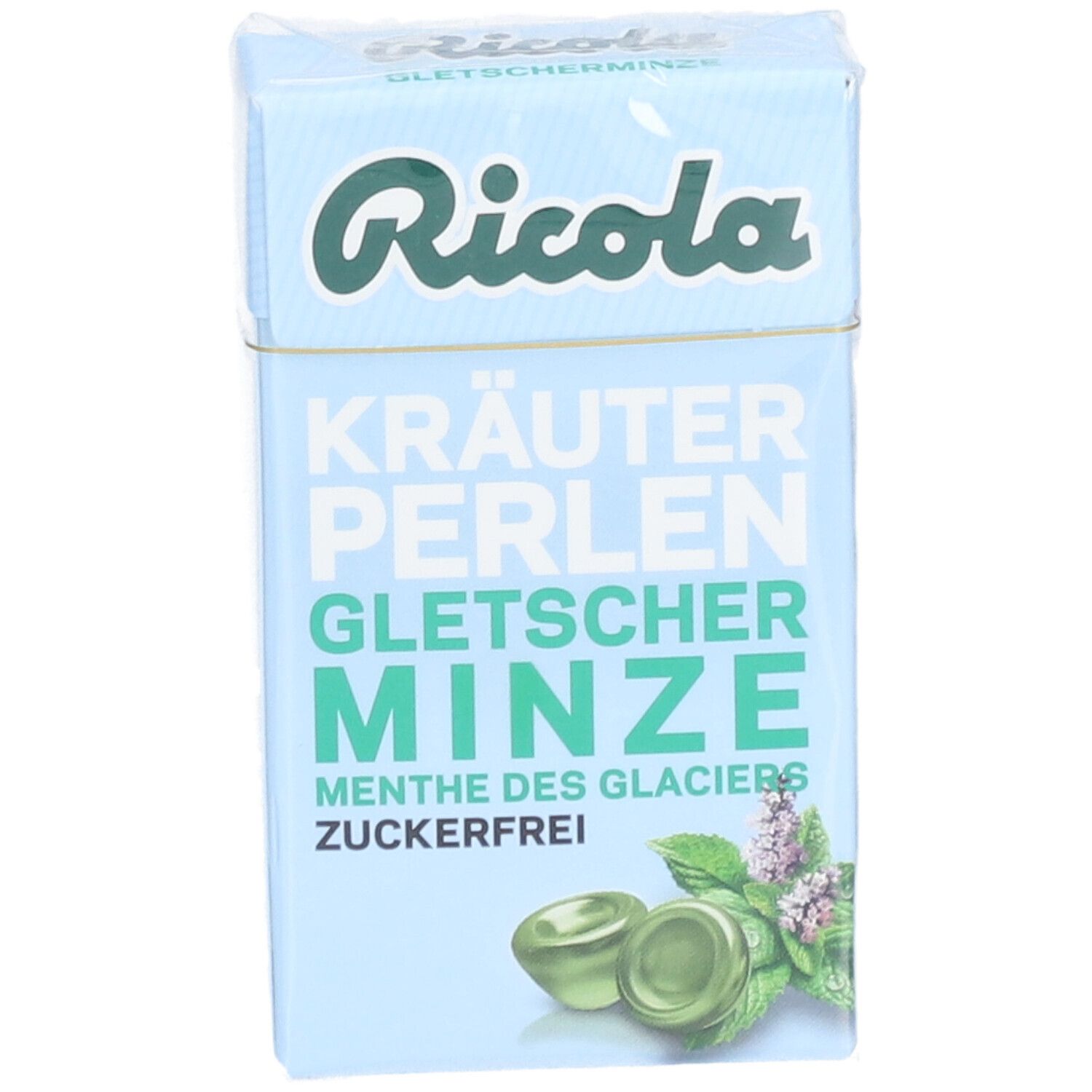 Hellblaue Schachtel mit "Ricola"-Logo und Produktbezeichnung "Gletscher Minze". Abbildung von Bonbons und Minze.