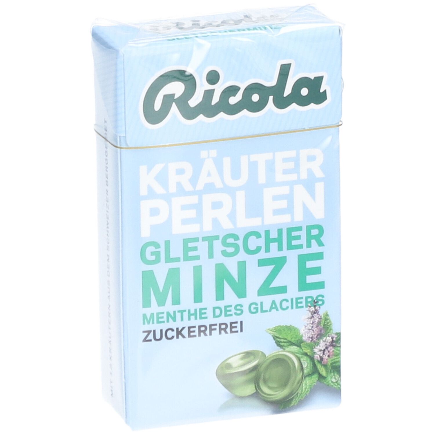Hellblaue Schachtel mit "Ricola"-Logo und Produktbezeichnung "Gletscher Minze". Abbildung von Bonbons und Minze.