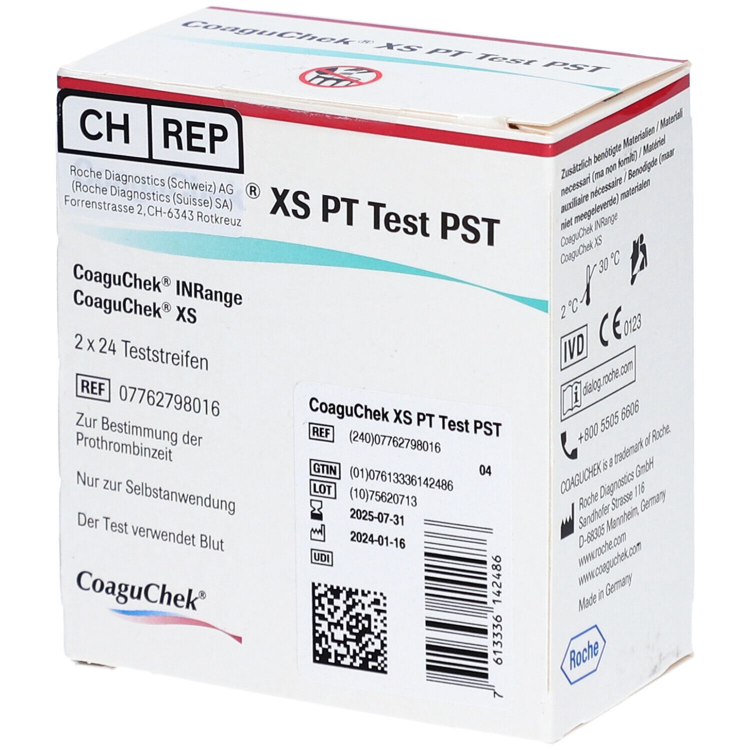 Weißer Karton mit CoaguChek XS PT Test PST. Enthält 2x24 Teststreifen. Chargennummer. Marke Roche.