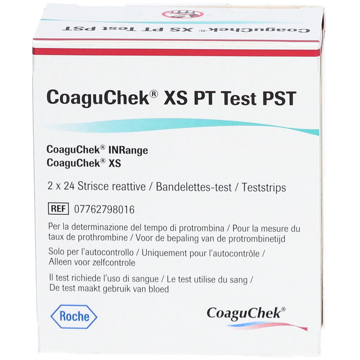 Weißer Karton mit CoaguChek XS PT Test PST. Enthält 2x24 Teststreifen. Marke Roche.