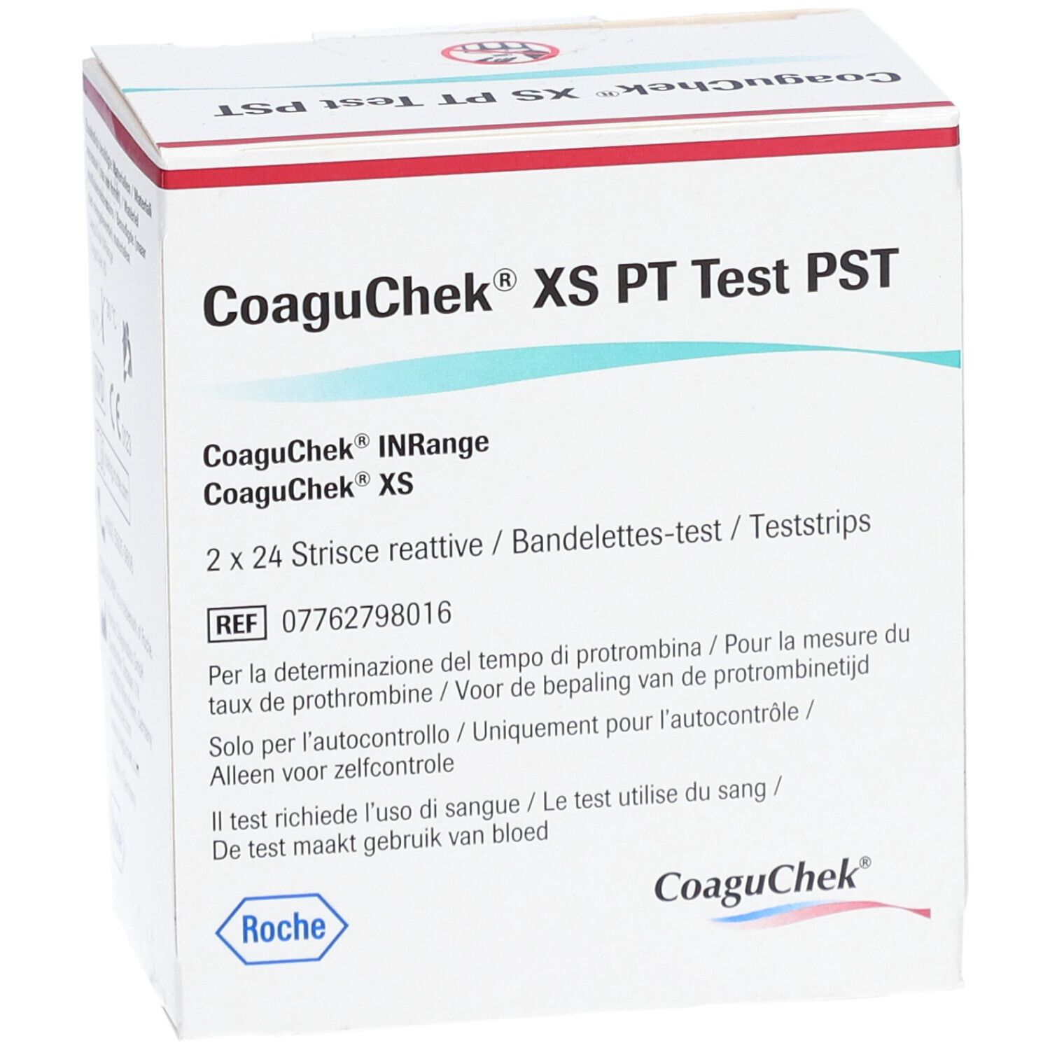 Weißer Karton mit CoaguChek XS PT Test PST. Enthält 2x24 Teststreifen. Marke Roche.