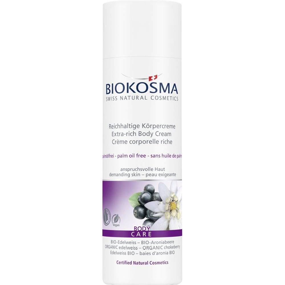 Crème corporelle BIOKOSMA. Tube blanc avec nom du produit, illustrations et certification. Sans huile de palme.