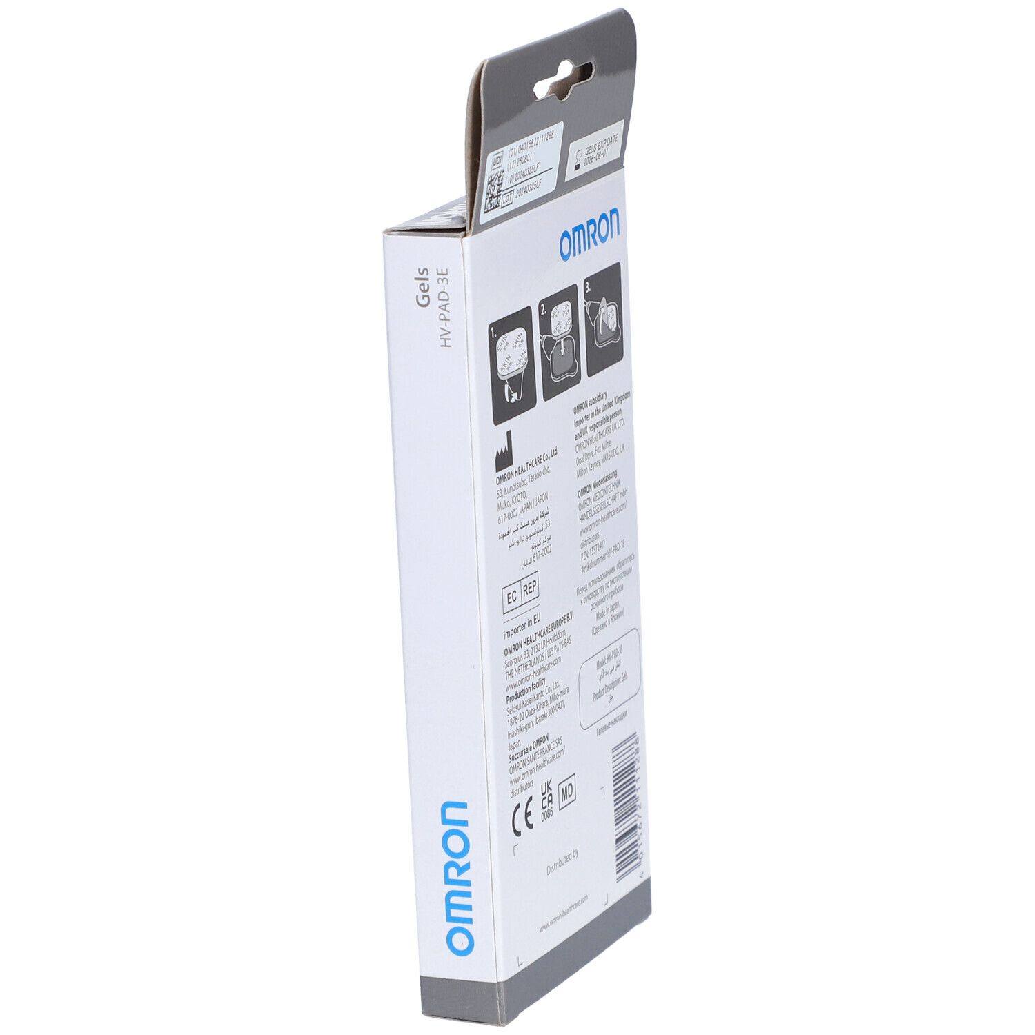 Schmale Verpackung mit OMRON-Logo und Produktbezeichnung 'Gels HV-PAD-3E'. Seite mit Piktogrammen und Text.