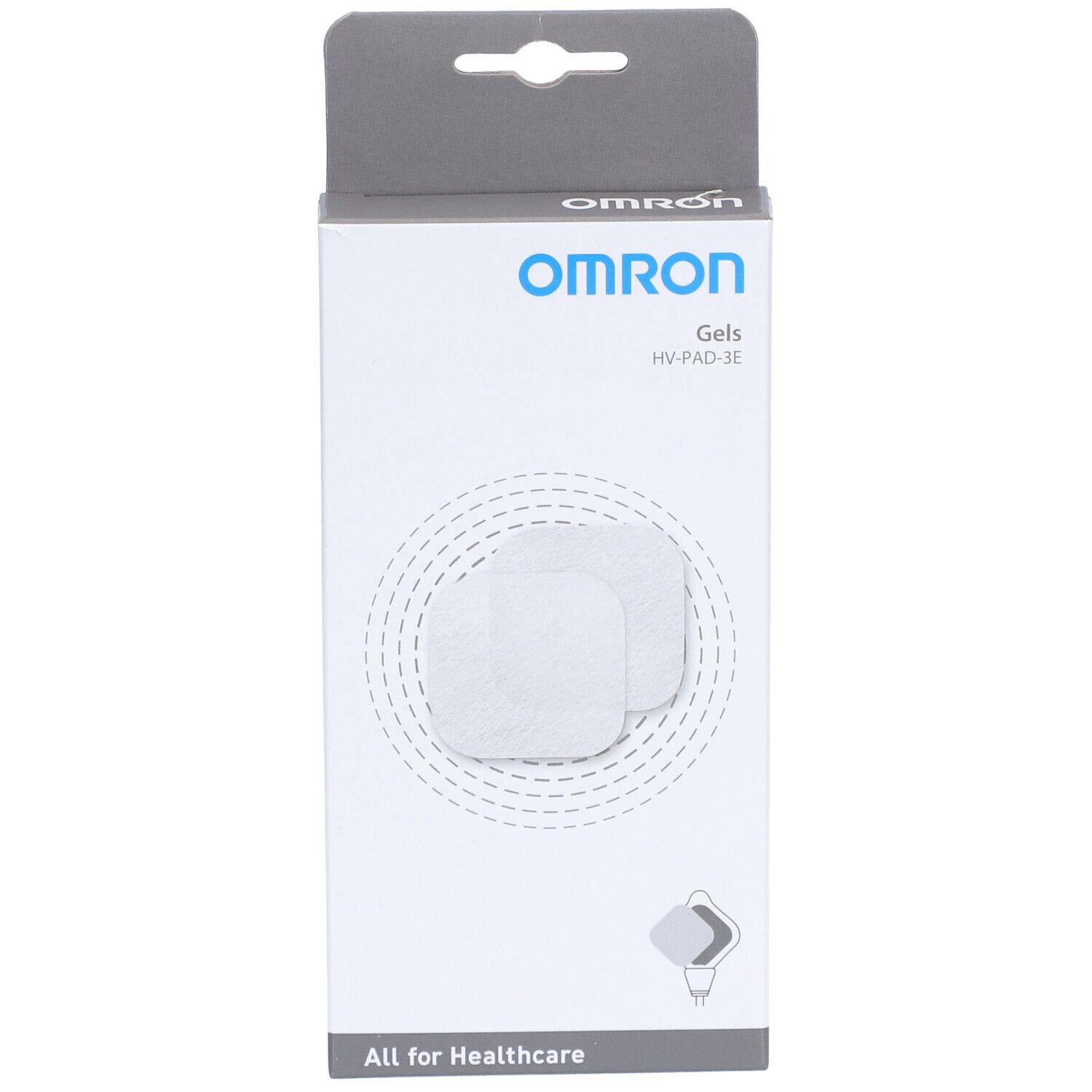 Verpackung mit zwei quadratischen Gel-Pads. OMRON-Logo und Produktbezeichnung 'Gels HV-PAD-3E' sind sichtbar. 'All for Healthcare' steht unten.
