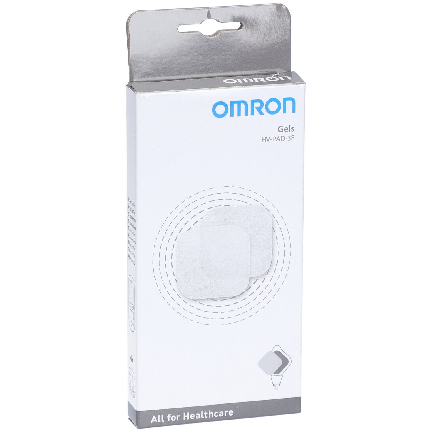 Verpackung mit zwei quadratischen Gel-Pads. OMRON-Logo und Produktbezeichnung 'Gels HV-PAD-3E' sind sichtbar. 'All for Healthcare' steht unten.