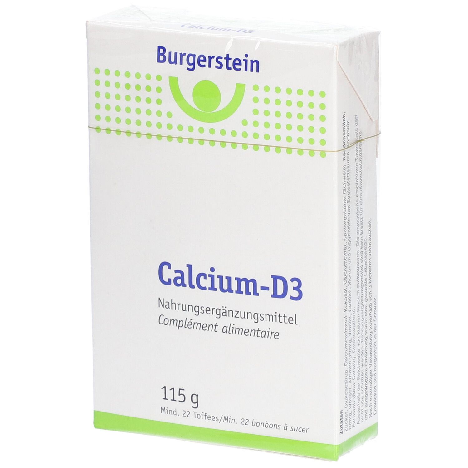 Weiße Verpackung mit Burgerstein-Logo und Aufschrift Calcium-D3. Enthält 115 g. Mind. 22 Toffees/Min. 22 bonbons à sucer.