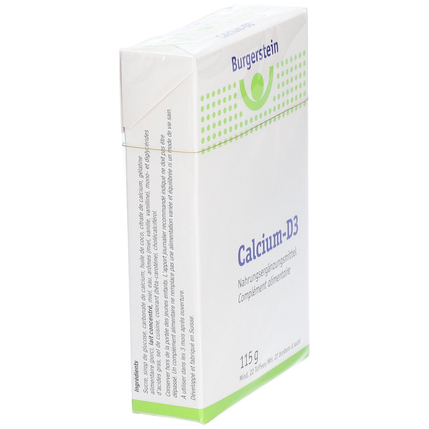 Weiße Verpackung mit Burgerstein-Logo und Calcium-D3. Enthält 115 g. Text in Deutsch und Französisch. Seitenansicht.