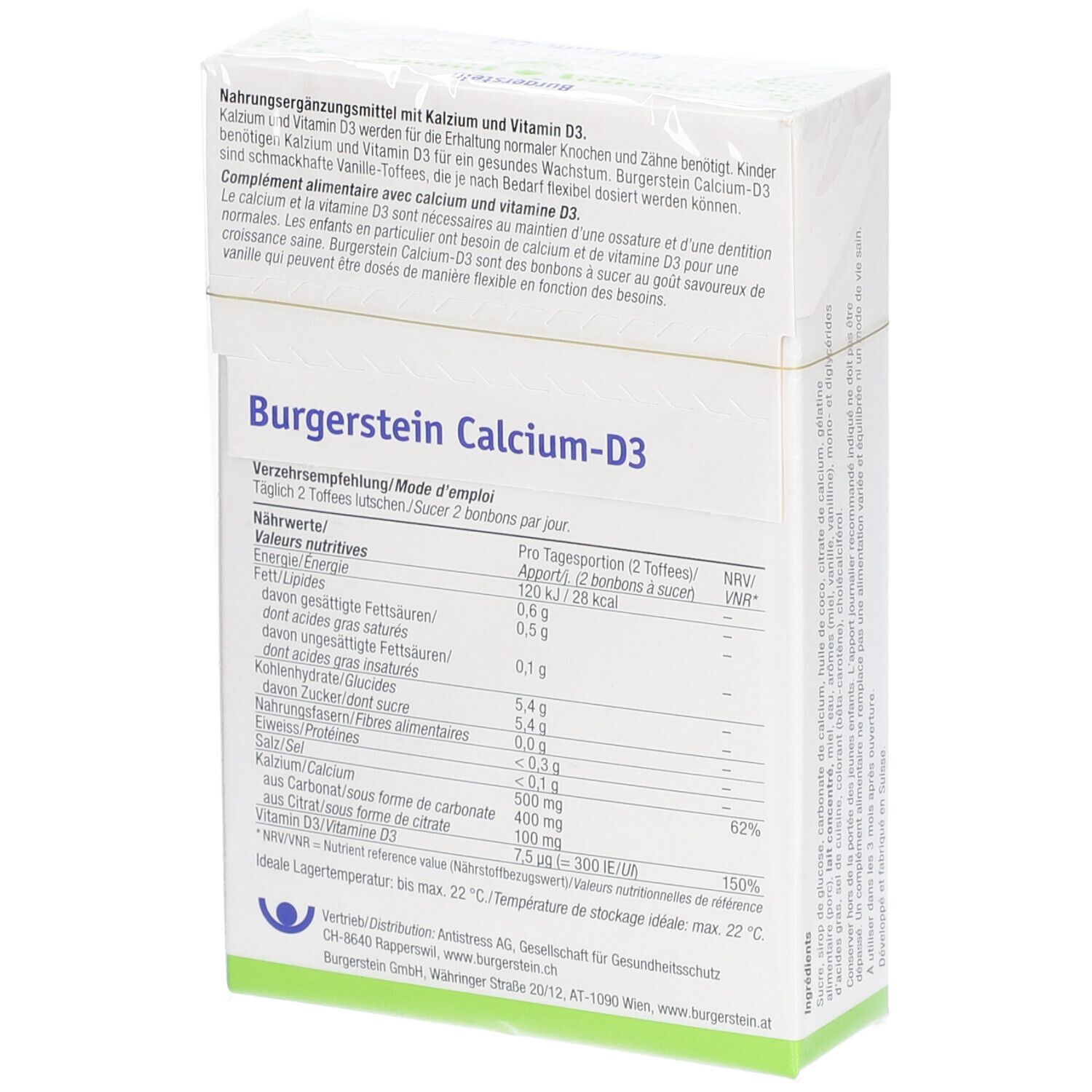 Rückseite der weißen Burgerstein Calcium-D3 Verpackung. Enthält Nährwertangaben und Verzehrempfehlung. Text in Deutsch und Französisch.