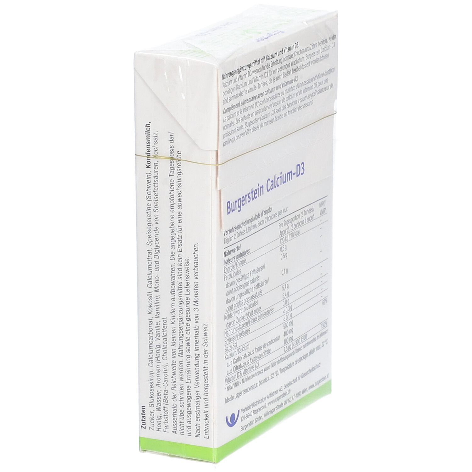 Seitenansicht der weißen Burgerstein Calcium-D3 Verpackung. Enthält Zutatenliste und weitere Informationen. Text in Deutsch.