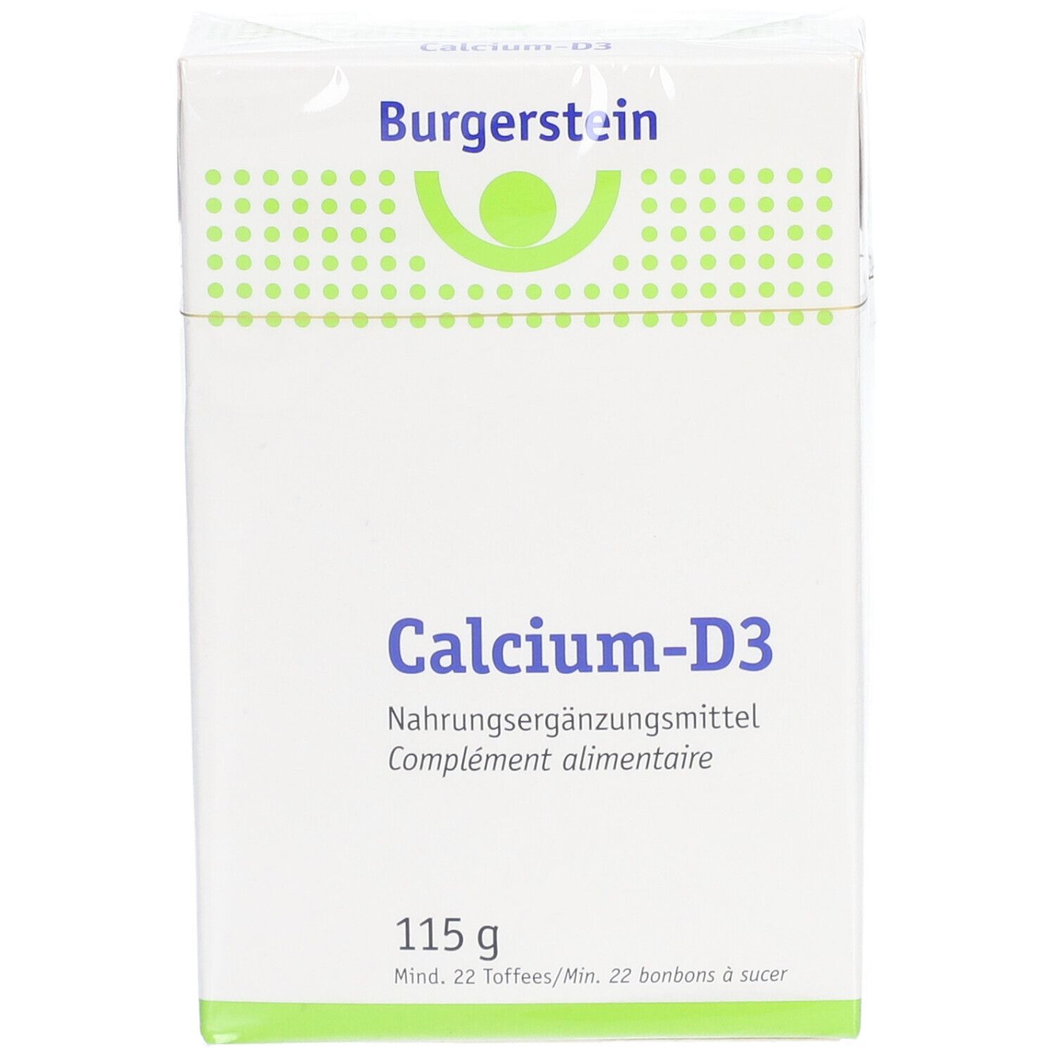 Weiße Verpackung mit Burgerstein-Logo und Aufschrift Calcium-D3. Enthält 115 g. Mind. 22 Toffees/Min. 22 bonbons à sucer.