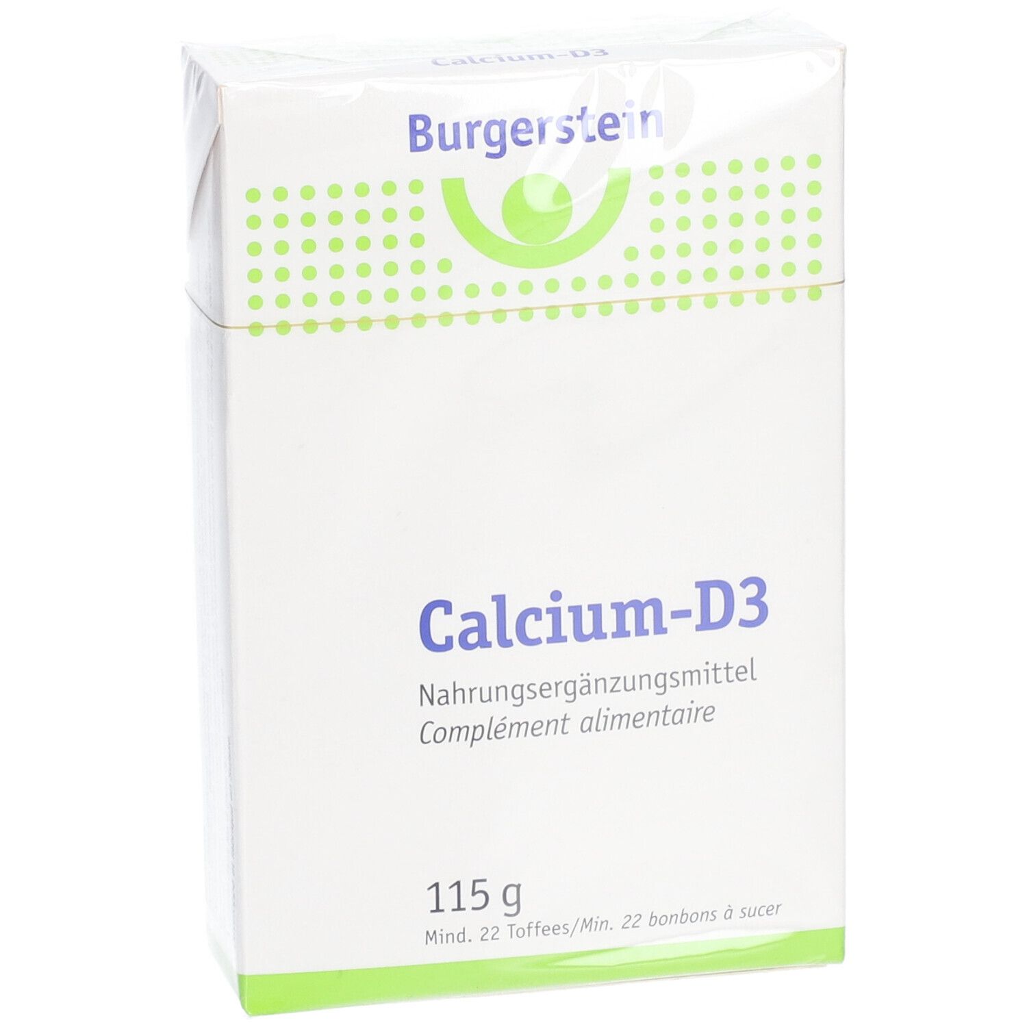Weiße Verpackung mit Burgerstein-Logo und Aufschrift Calcium-D3. Enthält 115 g. Mind. 22 Toffees/Min. 22 bonbons à sucer.