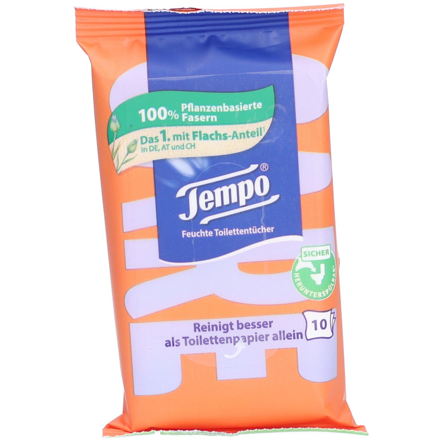 Orange Packung Tempo Feuchte Toilettentücher. Text: 100% pflanzenbasierte Fasern, Tempo, Feuchte Toilettentücher, 10 Stück.