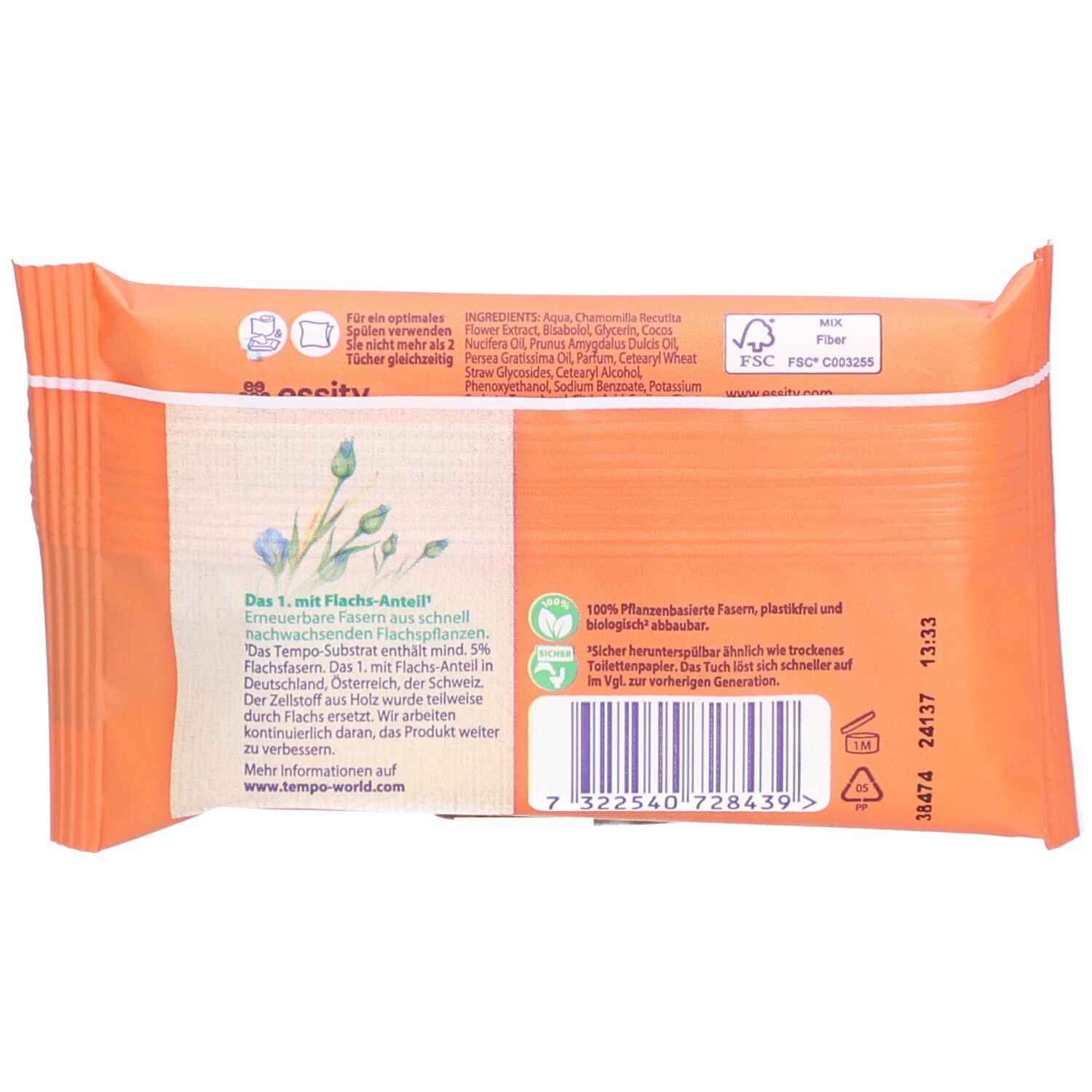 Rückseite der orangefarbenen Packung Tempo Feuchte Toilettentücher. Text: Inhaltsstoffe, FSC-Zertifizierung, Barcode.