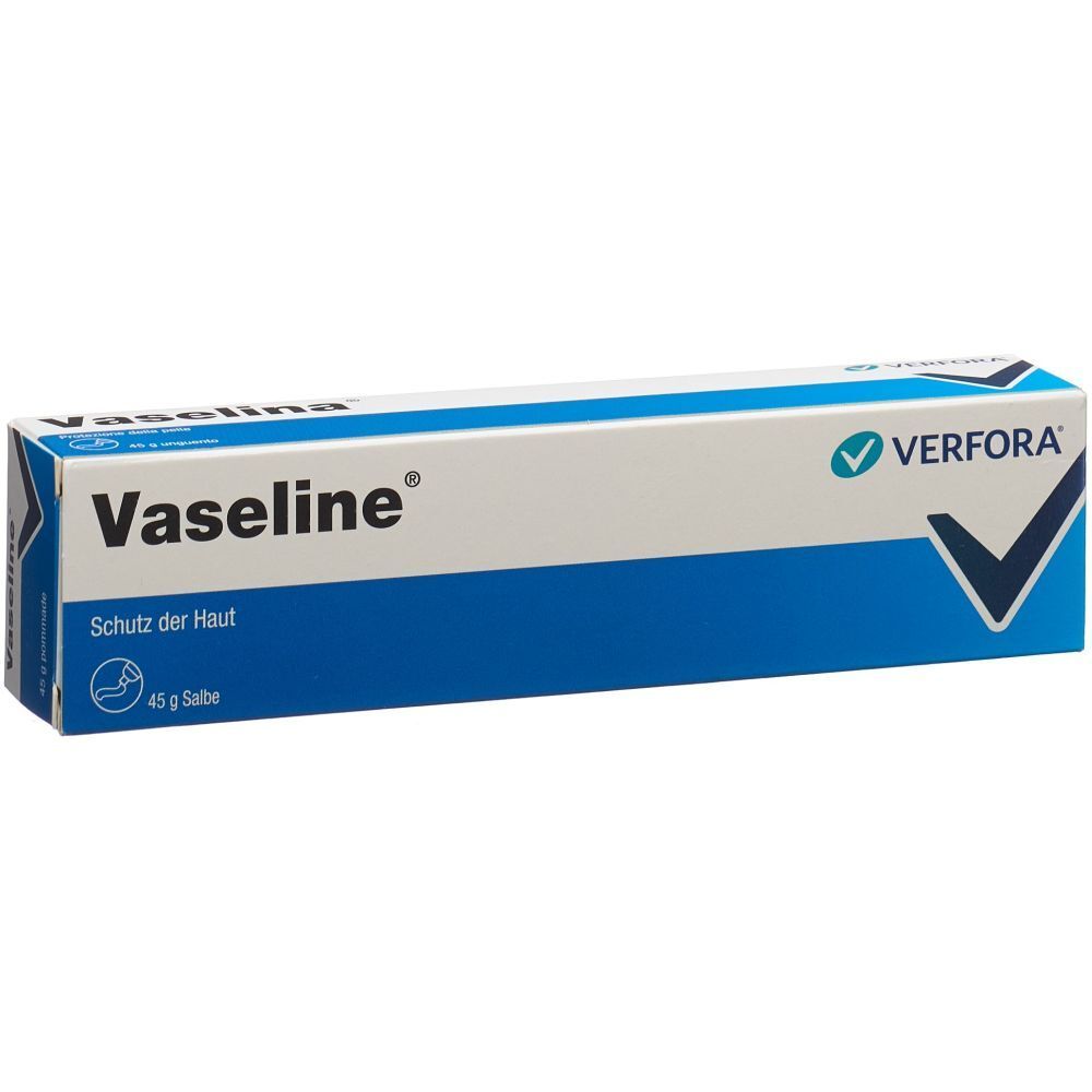 Blau-weiße Schachtel mit "Vaseline" und "VERFORA"-Logo. Text: "Schutz der Haut", "45 g Salbe".