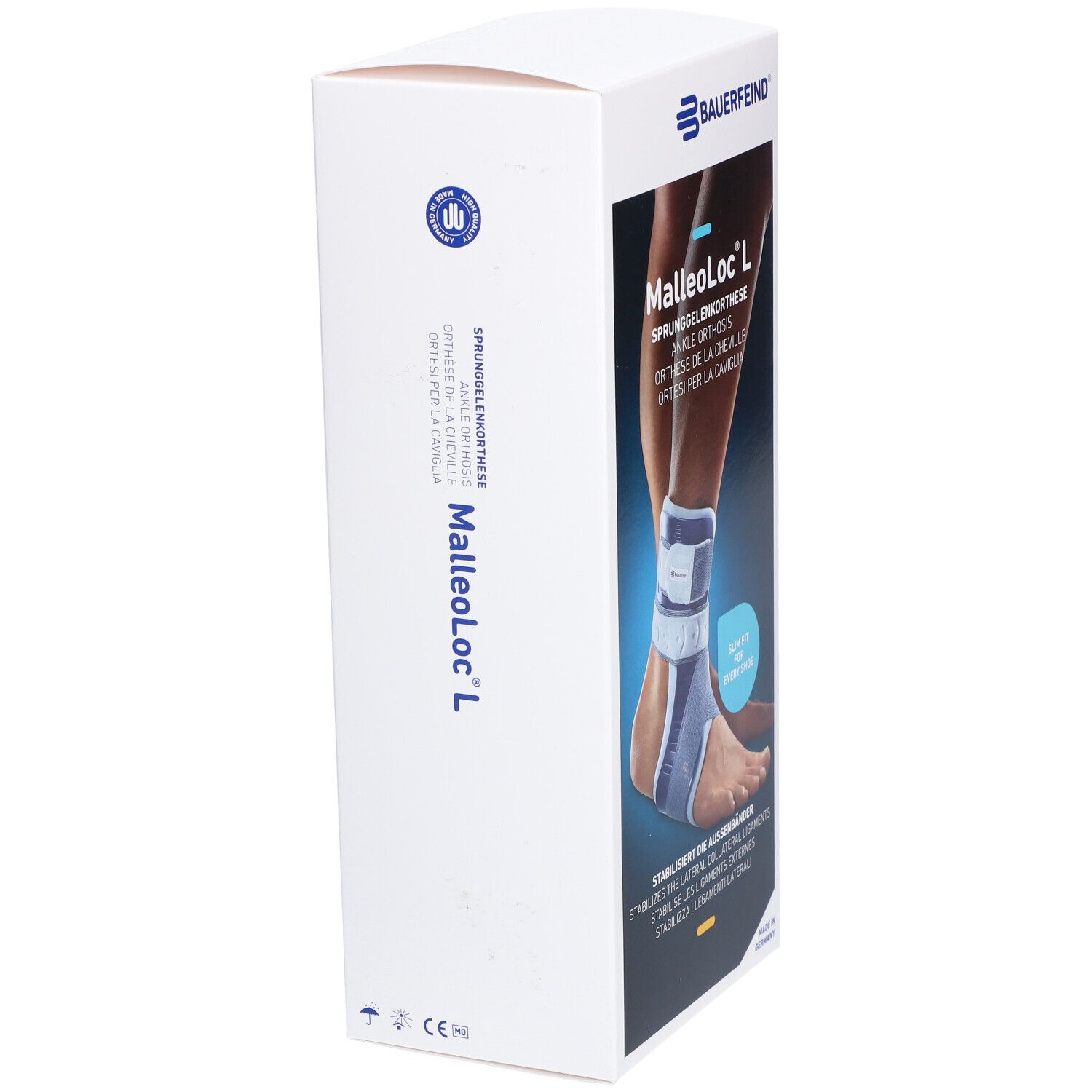 Verpackung der BAUERFEIND MalleoLoc® L Knöchelorthese. Seitenansicht mit Produktabbildung und Produktname.