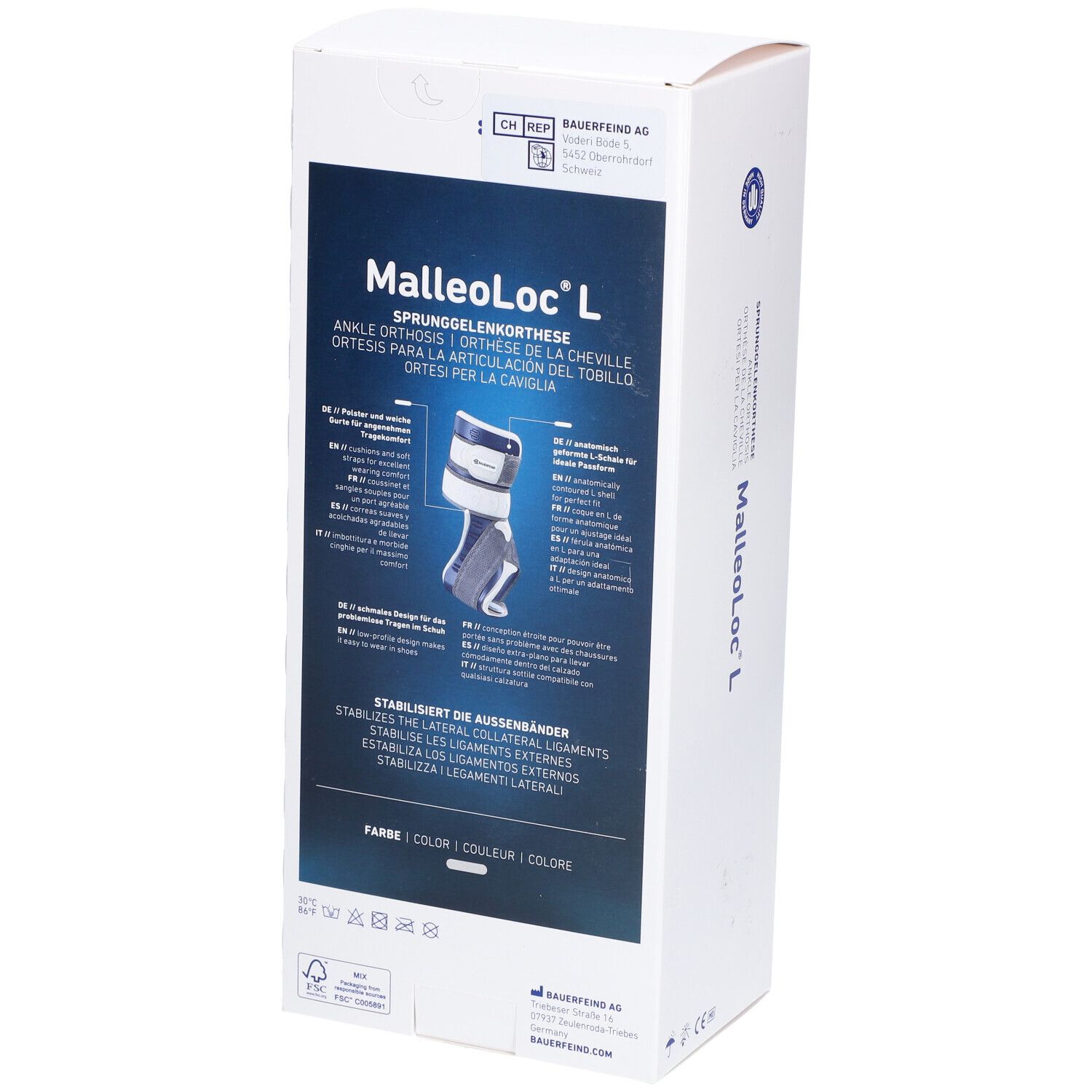 Rückseite der Verpackung der BAUERFEIND MalleoLoc® L Knöchelorthese. Produktinformationen und Name.