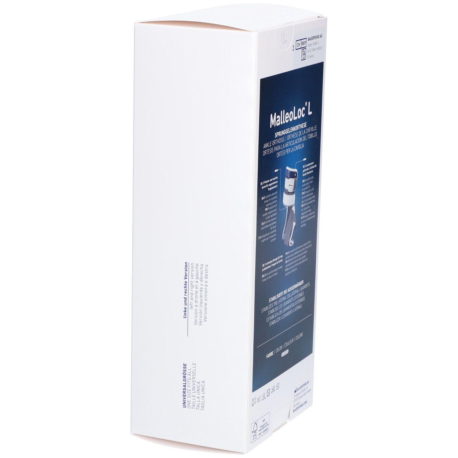Seitenansicht der Verpackung der BAUERFEIND MalleoLoc® L Knöchelorthese. Produktinformationen.