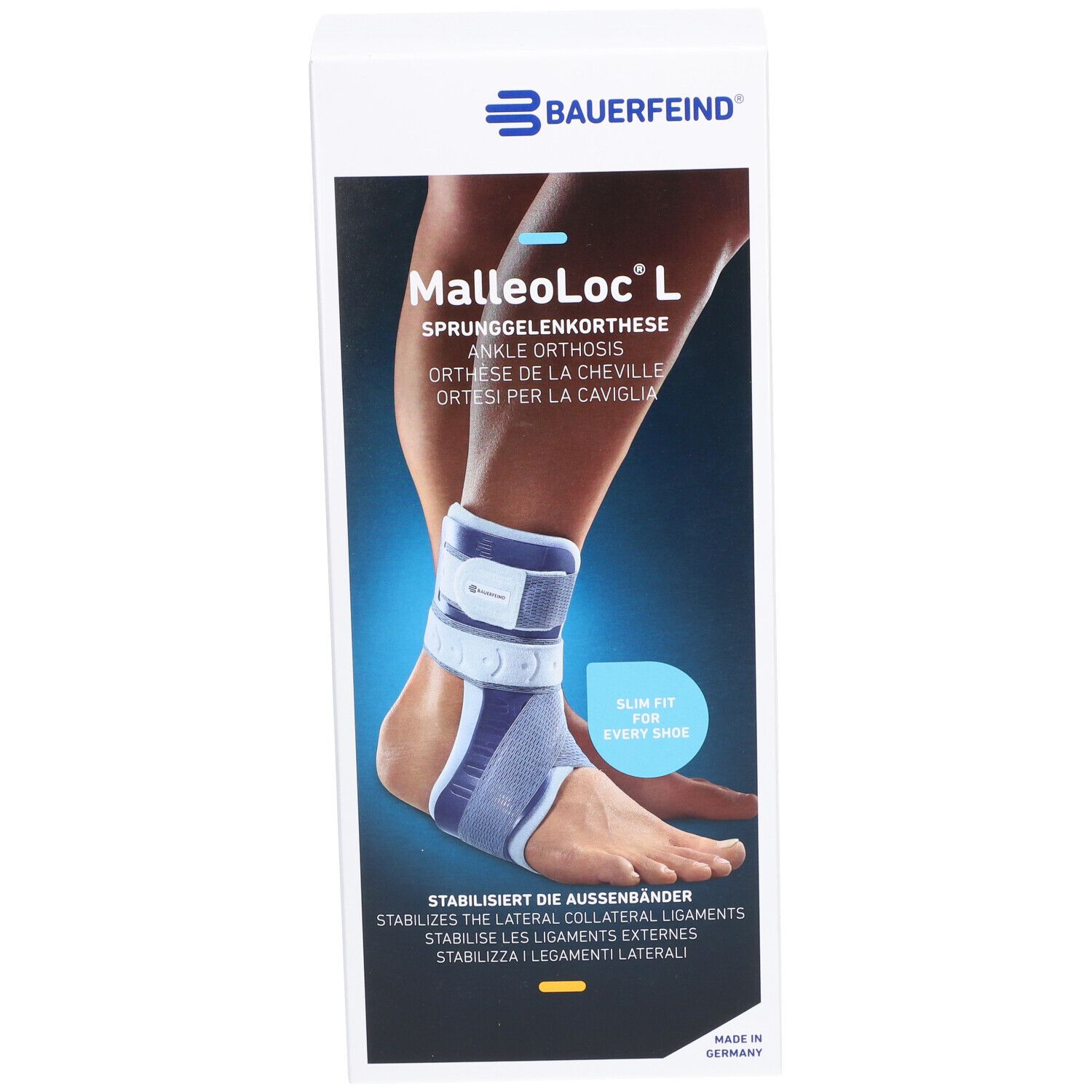 BAUERFEIND MalleoLoc® L Knöchelorthese am Fuß. Produkt am Bein, weiß-blau.