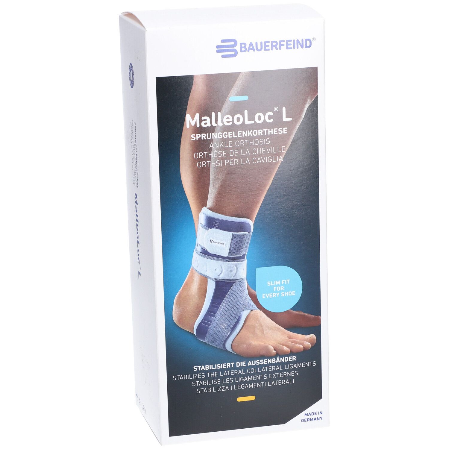 BAUERFEIND MalleoLoc® L Knöchelorthese am Fuß. Produkt am Bein, weiß-blau.
