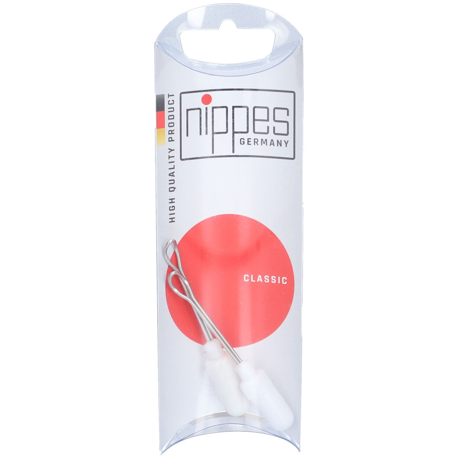 Ohrreiniger in transparenter Verpackung. Produktname und Logo sichtbar. Roter Hintergrund mit Schriftzug "CLASSIC".
