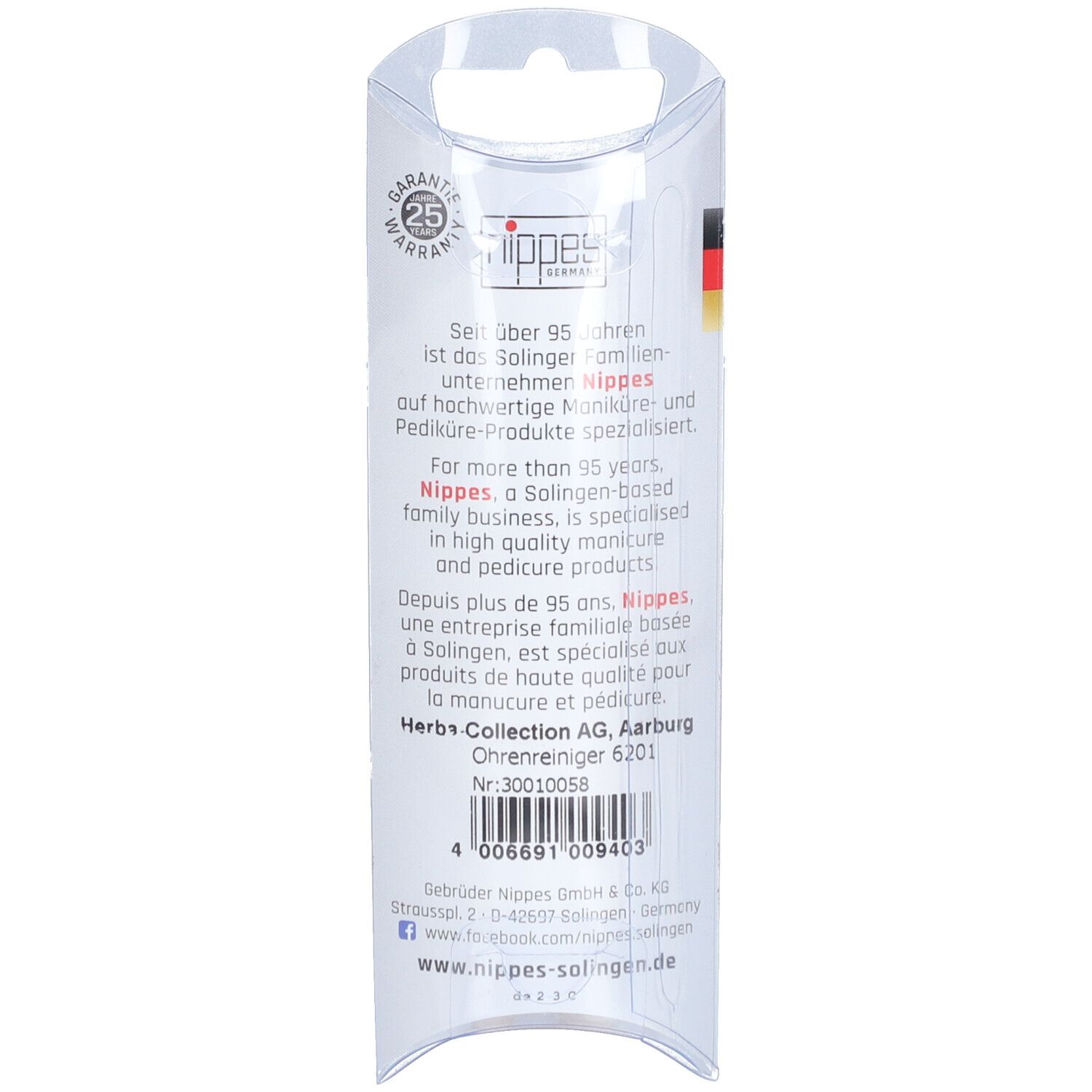 Rückseite der Verpackung mit Text und Logo. Informationen über den Hersteller und die Garantie sind sichtbar.