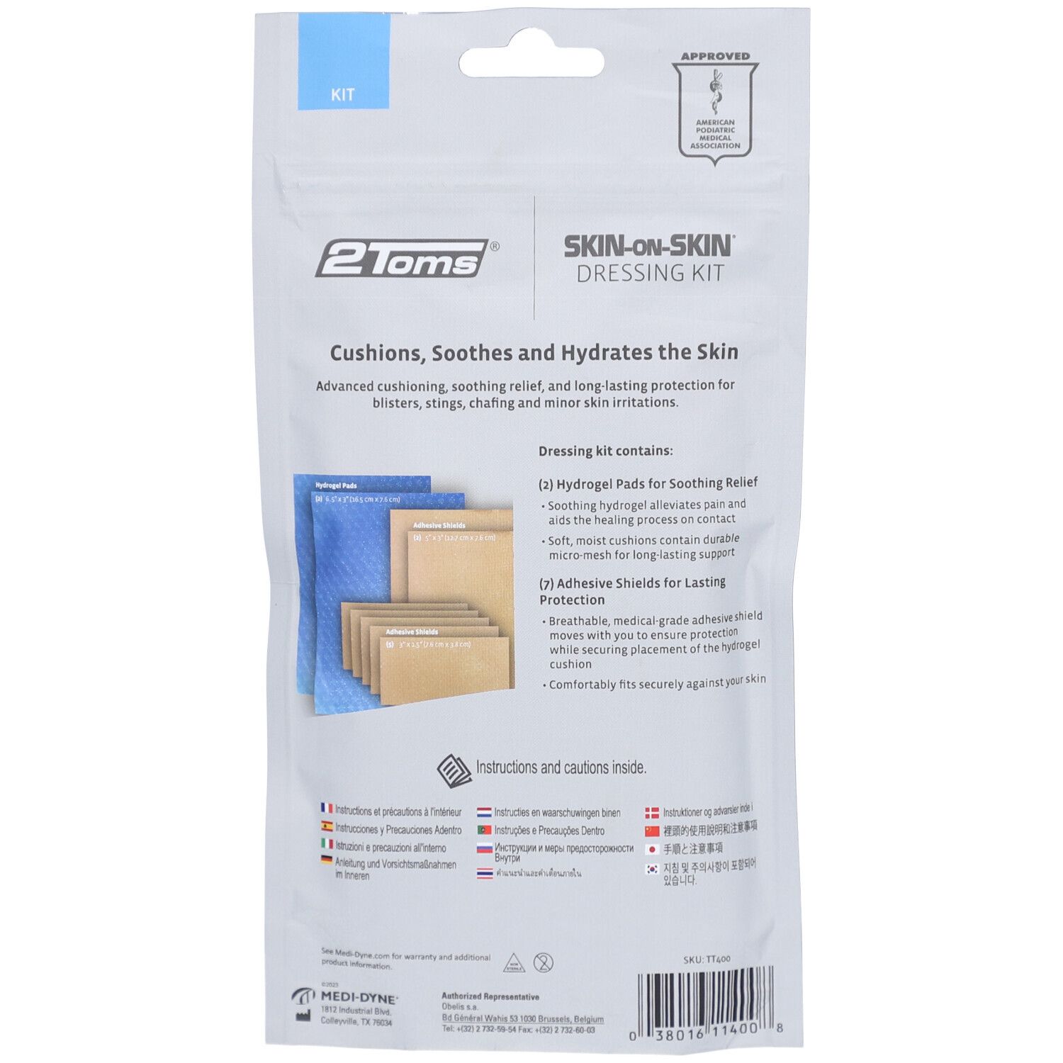 Rückseite der Verpackung. Text: "SKIN-ON-SKIN DRESSING KIT". Enthält Hydrogel-Pads und Klebeschilde. Anweisungen und Vorsichtshinweise.