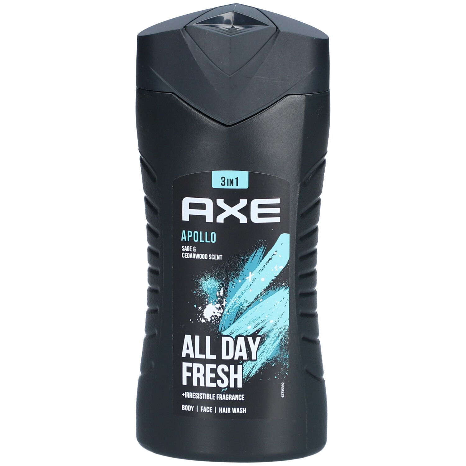 Schwarze Flasche AXE 3-in-1-Duschgel Apollo. Aufschrift: Apollo, Salbei & Zedernholzduft, All Day Fresh. 3-in-1 für Körper, Gesicht und Haar.