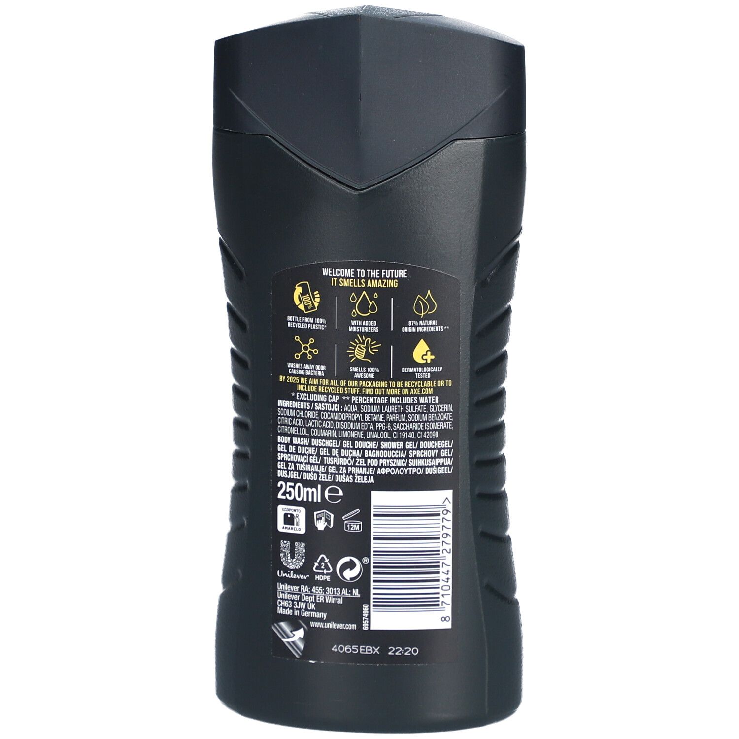 Rückseite der schwarzen AXE-Flasche. Enthält Informationen zu Inhaltsstoffen, Hersteller und Recycling-Symbolen. Volumen: 250ml.