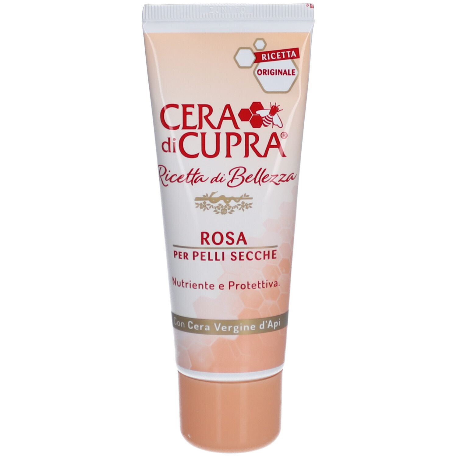 Creme-Tube mit rosa Aufdruck. Text: Cera di Cupra, Rosa, für trockene Haut. Originalrezept. Dermatologisch getestet.
