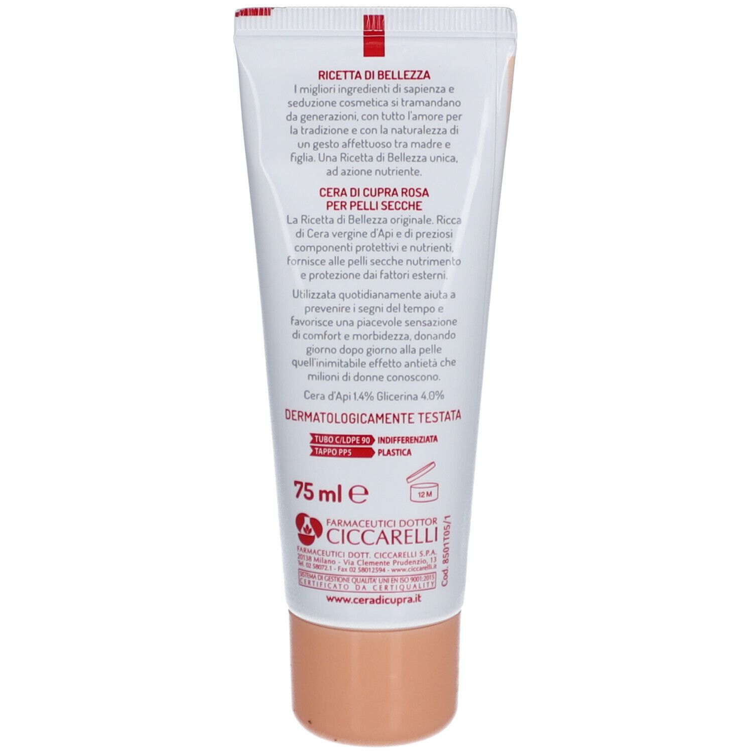 Rückseite der Creme-Tube. Text: Cera di Cupra Rosa, für trockene Haut. Dermatologisch getestet. Inhaltsstoffe. 75 ml.