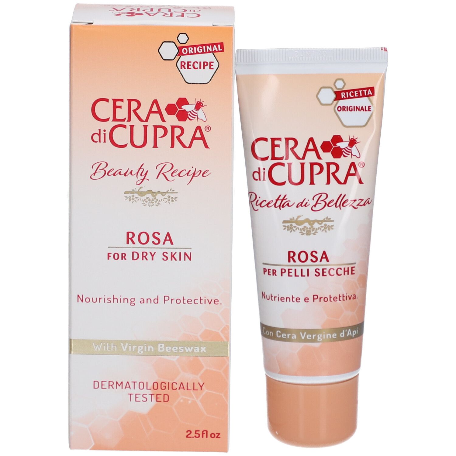 Schachtel und Tube. Text: Cera di Cupra, Rosa, für trockene Haut. Originalrezept. Dermatologisch getestet. 2.5 fl oz.