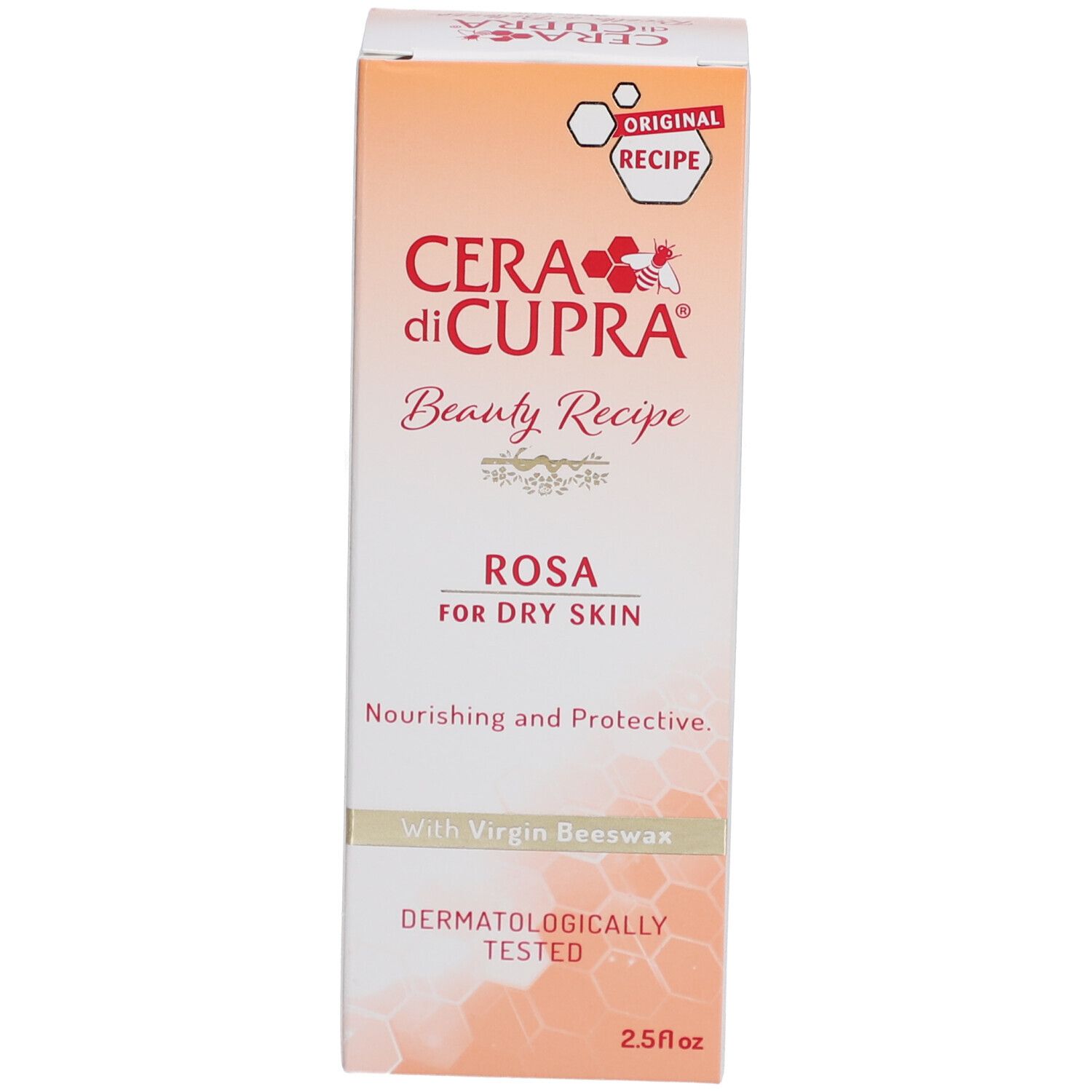 Schachtel. Text: Cera di Cupra, Rosa, für trockene Haut. Originalrezept. Dermatologisch getestet. 2.5 fl oz.