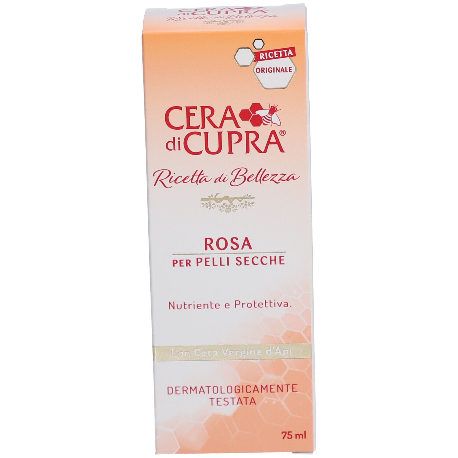 Schachtel. Text: Cera di Cupra, Rosa, für trockene Haut. Originalrezept. Dermatologisch getestet. 75 ml.