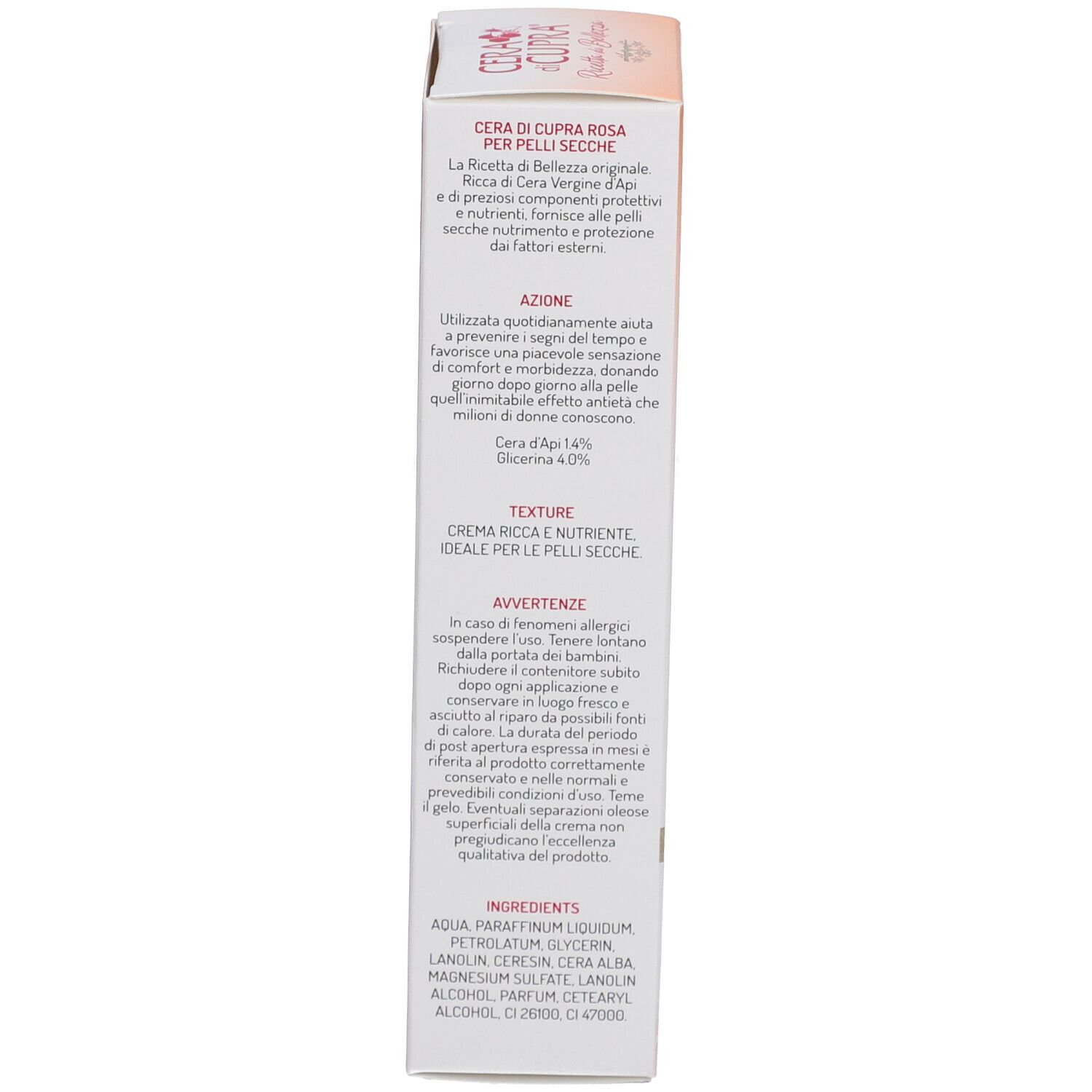 Rückseite der Schachtel. Text: Cera di Cupra Rosa, für trockene Haut. Inhaltsstoffe. Warnhinweise. 75 ml.