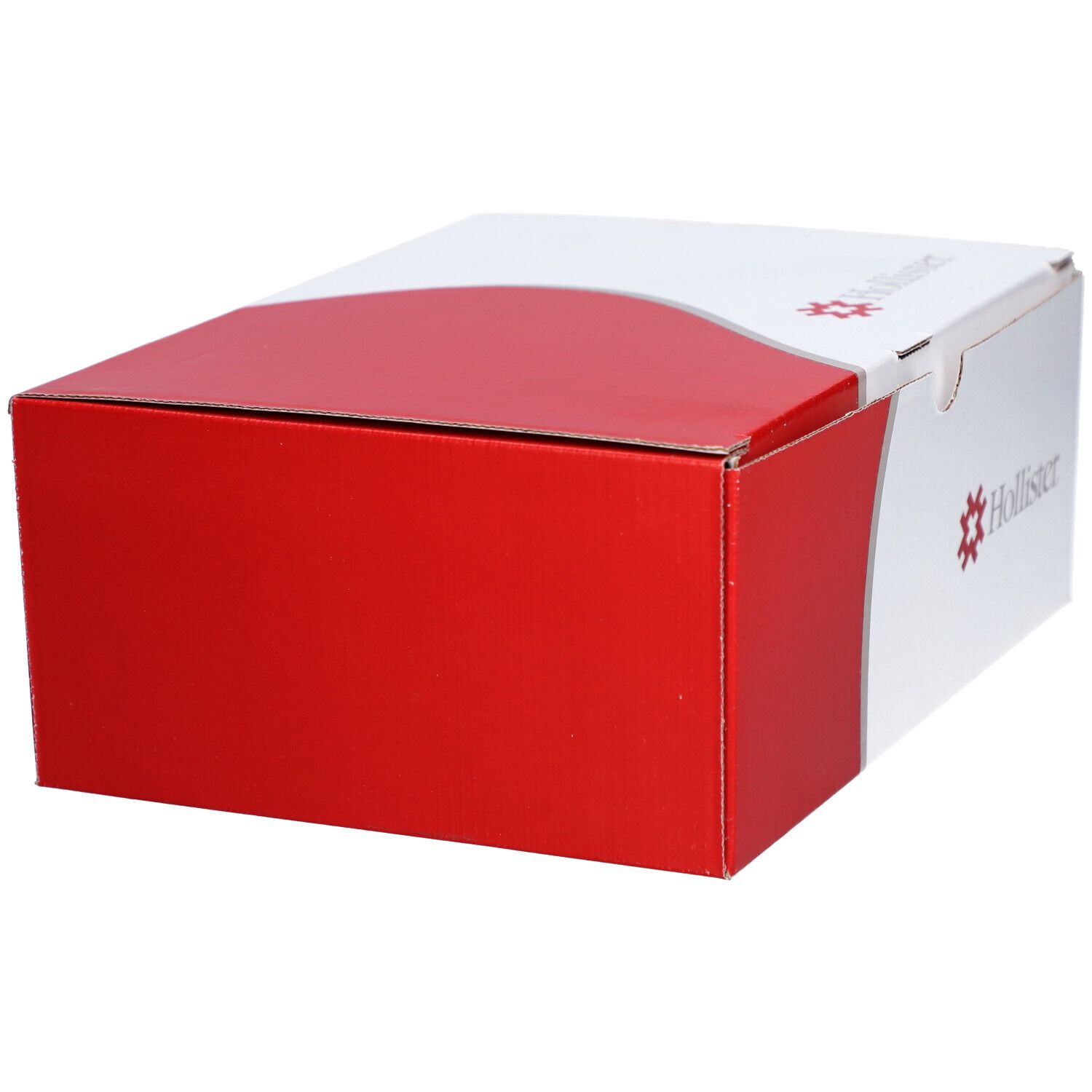 Kartonverpackung mit roter und weißer Oberfläche. Das Hollister-Logo ist sichtbar.