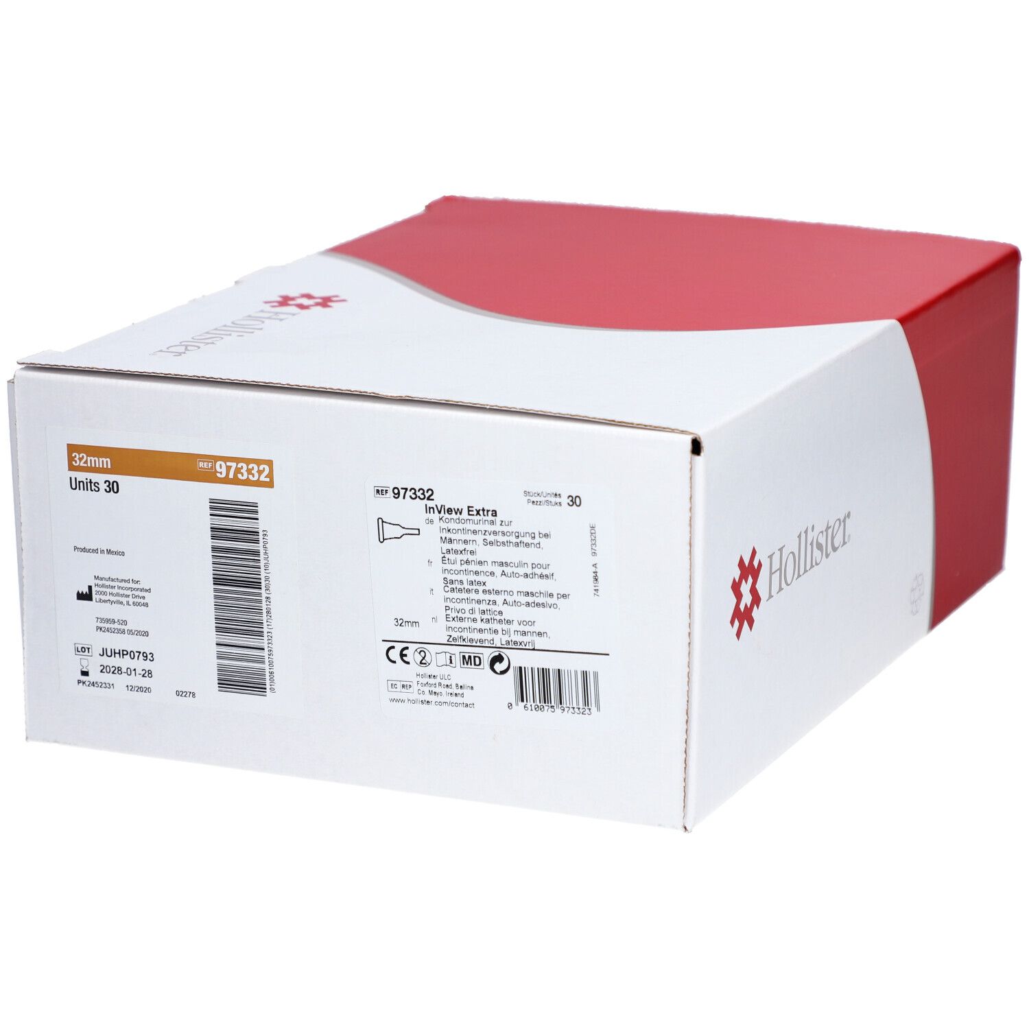 Kartonverpackung mit roter und weißer Oberfläche. Das Hollister-Logo und Produktinformationen sind sichtbar.