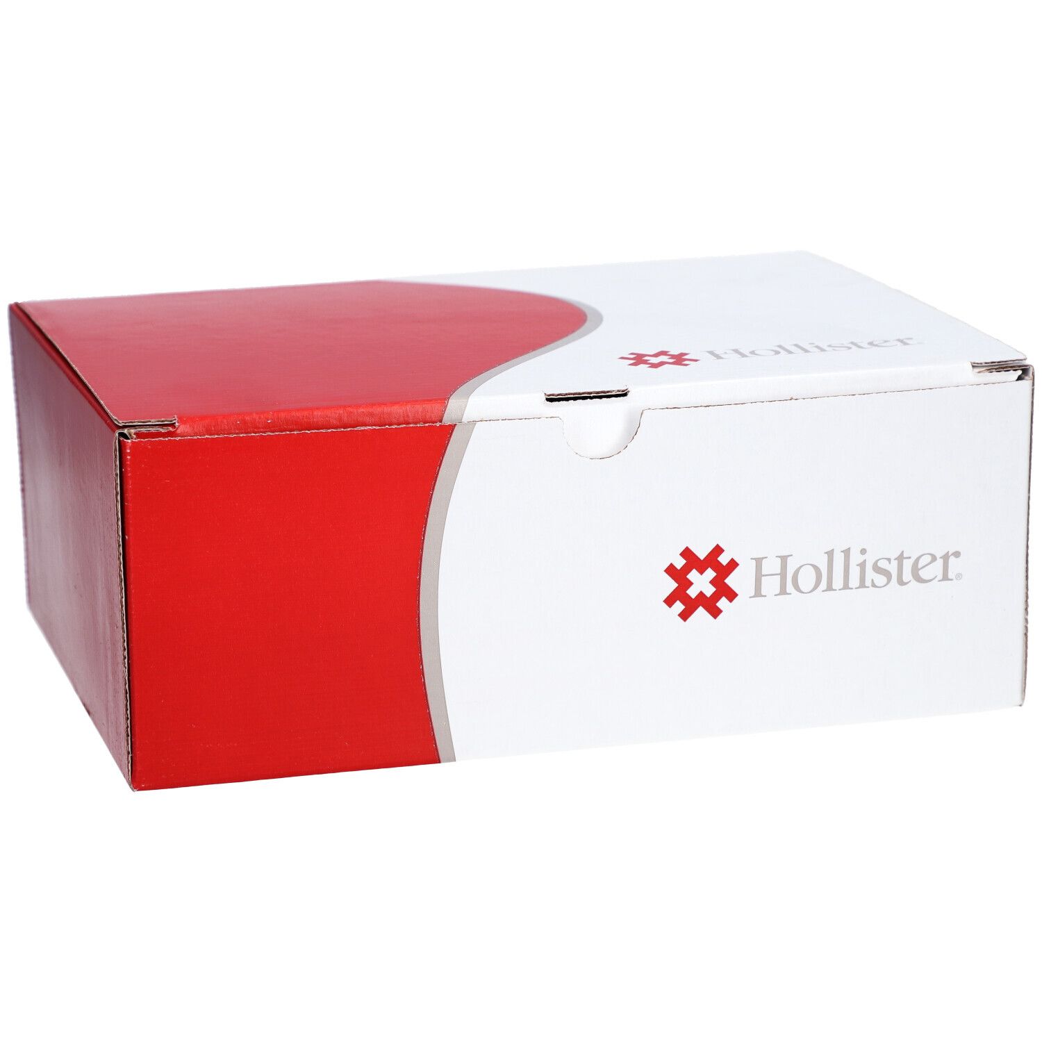 Kartonverpackung mit roter und weißer Oberfläche. Das Hollister-Logo ist sichtbar.