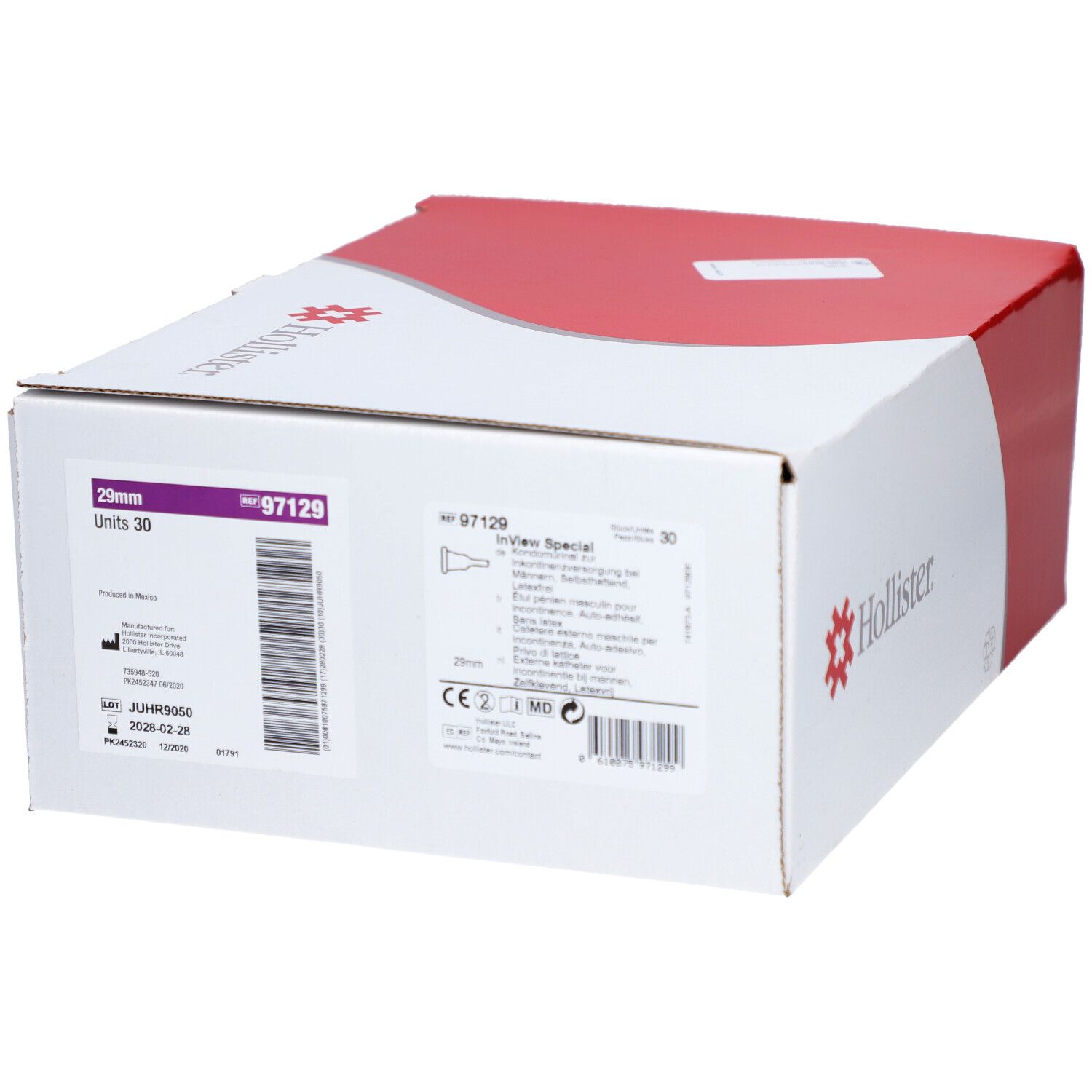 Kartonverpackung mit Produktinformationen. Hollister-Logo. Text: 29mm, Units 30.